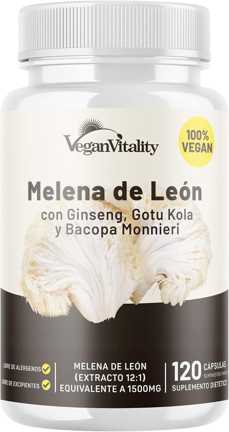 Melena de Leon Capsulas - Lions Mane Mushroom Suplemento Libre de Cafeína - 120 Cápsulas Nootropic Veganas de Bacopa Monnieri, Gotu Kola, Ginseng. Lions Mane Capsules