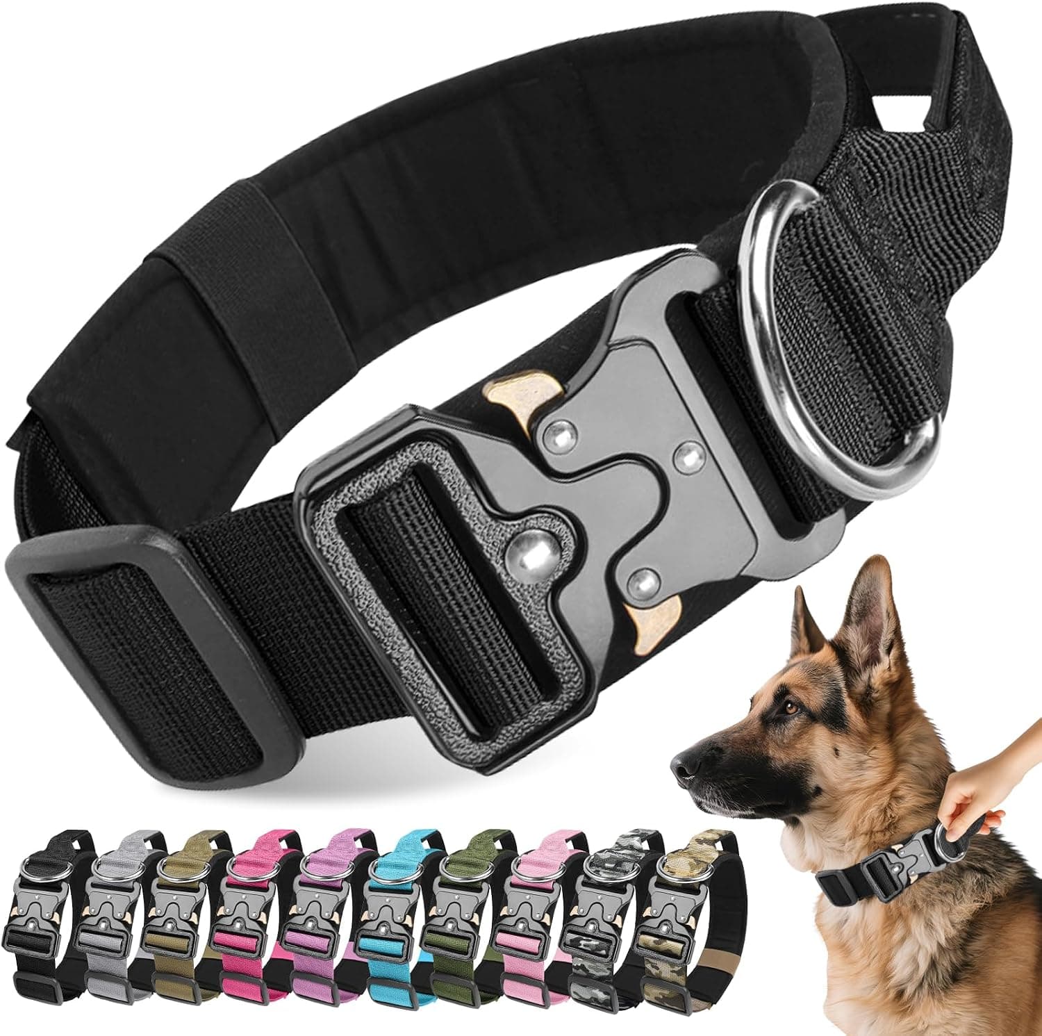 Collar Perro Táctico, Collares de Perro Militar Ancho con Hebilla de Metal y Mango de Control, Ajustable Nylon Cómodos Collar para Perros Pequeños Medianos Grandes (Negro, XL)