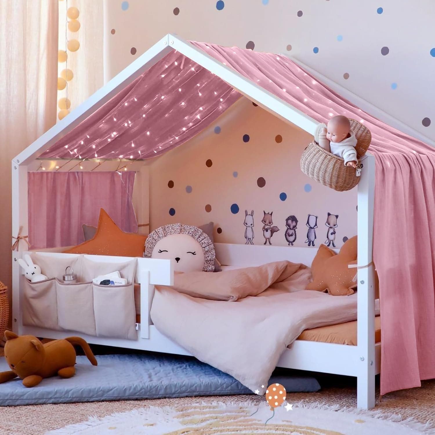 Vicloon Juego de Decoración para Cama de Casa, 135 * 360 cm Dosel para Cama de Niños, 100% muselina orgánica, Dosel Cama Compatible Cama Montessori para Niños y Niñas (Rosa oscuro)