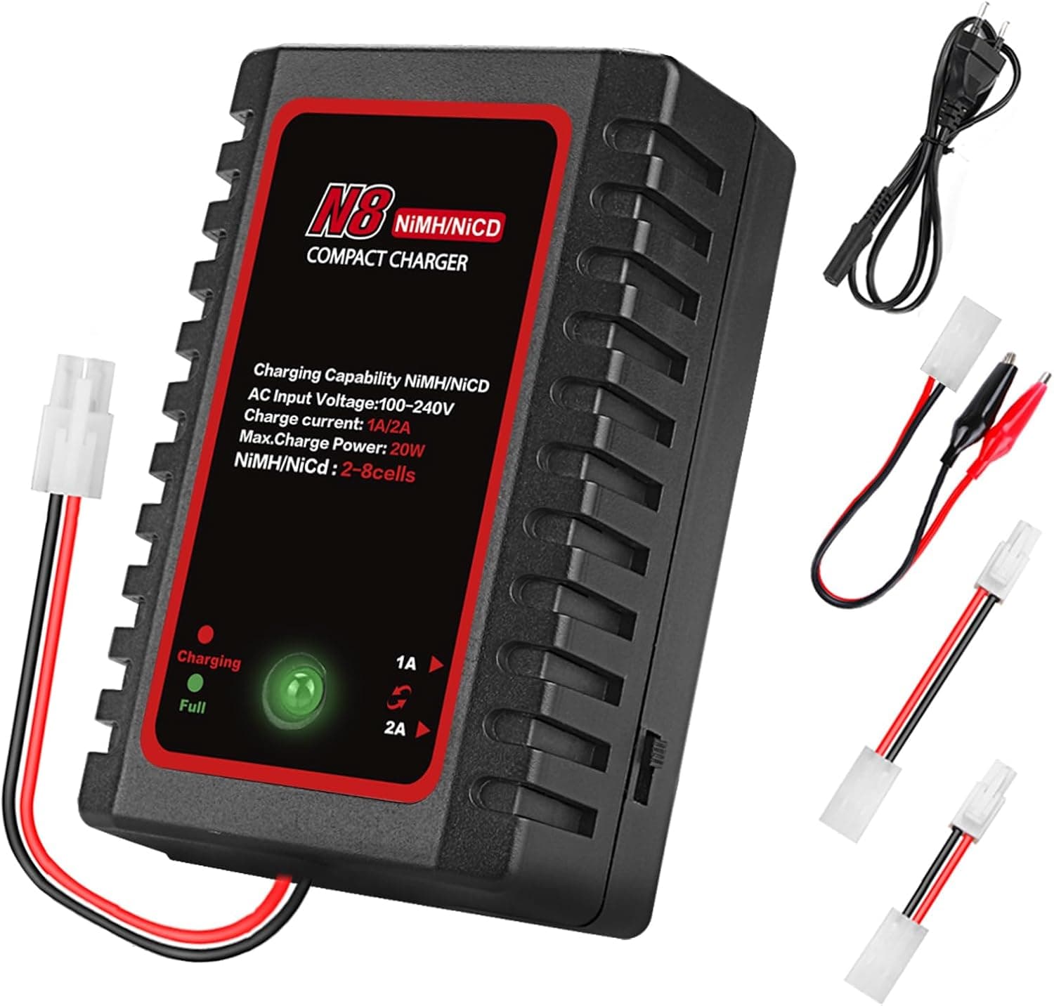 HTRC Cargador para Baterías NiMH/NiCd de 2-8S (2.4V-9.6V), 20W Cargador RC con Conectores Tamiya/Mini-Tamiya/Pinzas de Cocodrilo, Compatible con Coche RC, Barco RC, Dron, Airsoft