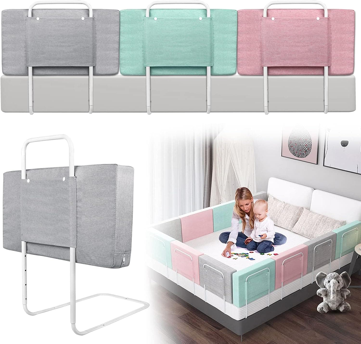 UISEBRT Barrera protectora para cama infantil, 60 cm, 5 agujeros, altura regulable, protección anticaídas, para cama familiar y cama infantil (60 cm, gris lino)