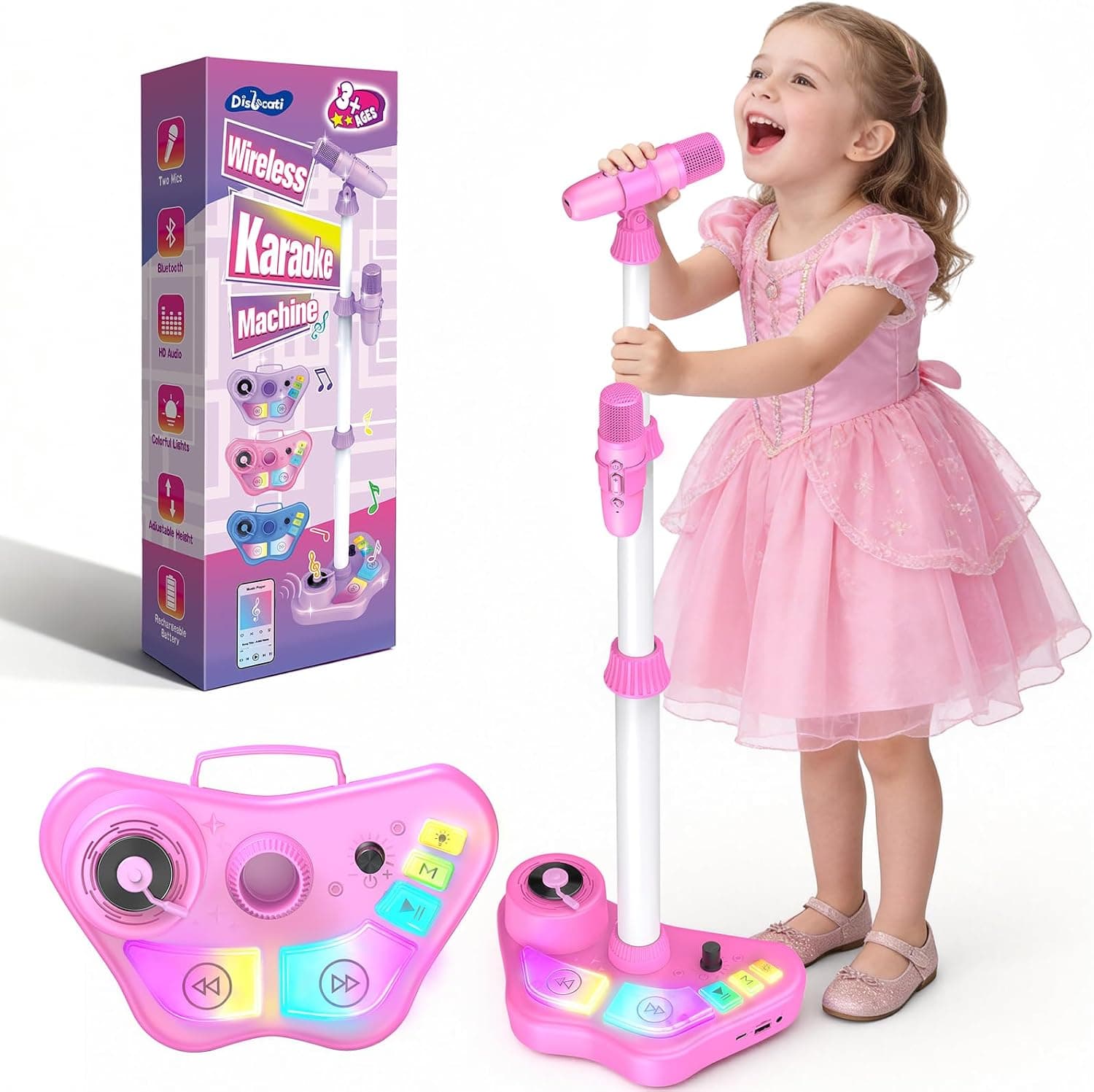 Micrófono con Soporte y Luces Dislocati para Niñas - Juguete de Karaoke Portátil con Altavoz, Doble Micrófono, Bluetooth, TF, USB, Altura Regulable 47-108 cm - Regalos para Niñas de 3-12 Años (Rosa)
