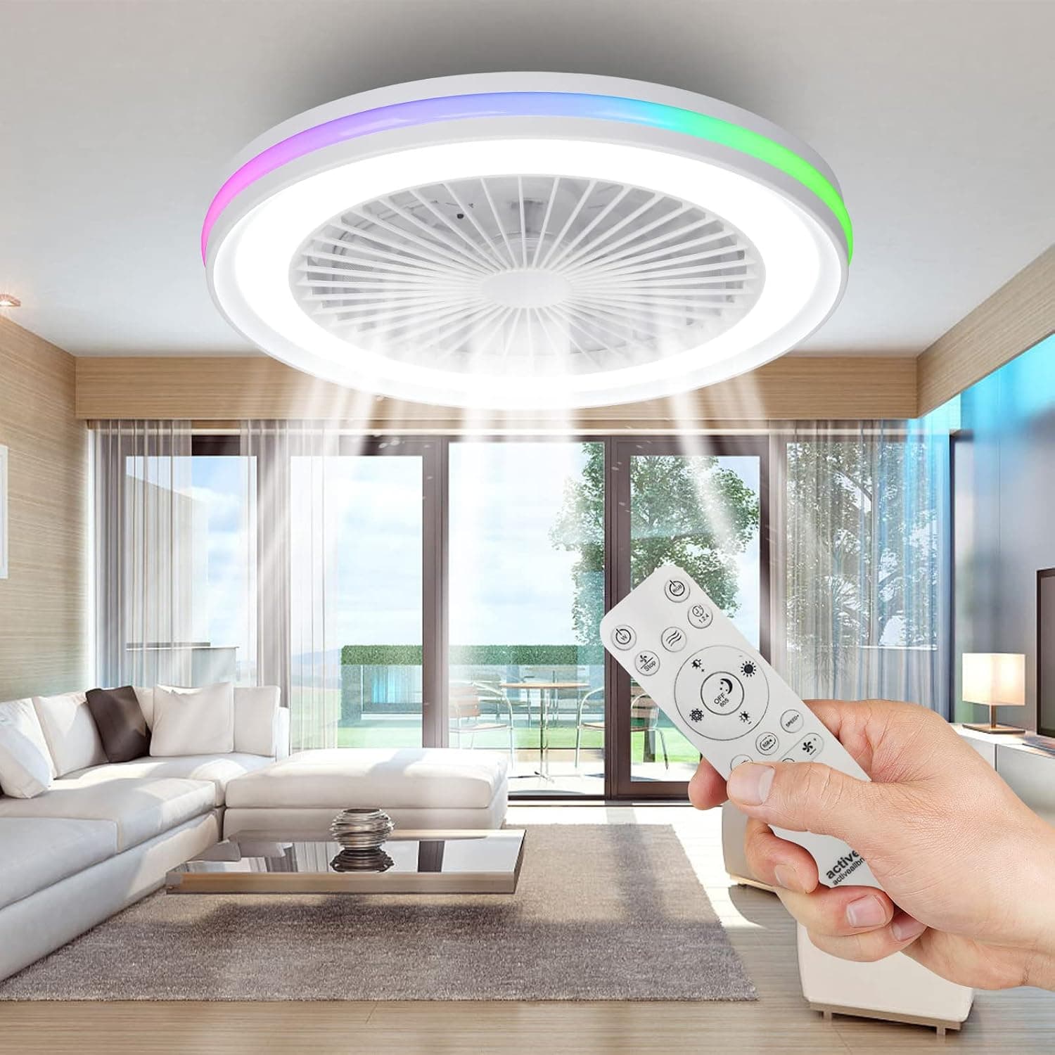 activeallbrite Ventilador de Techo con luz，Motor DC 20W LED 40W, RGB 3000K-6500K ，Velocidad del Viento ajustable con Control Remoto, Adecuado Para 10㎡-13㎡ Cocina, Sala de estar, Dormitorio，Ø47CM