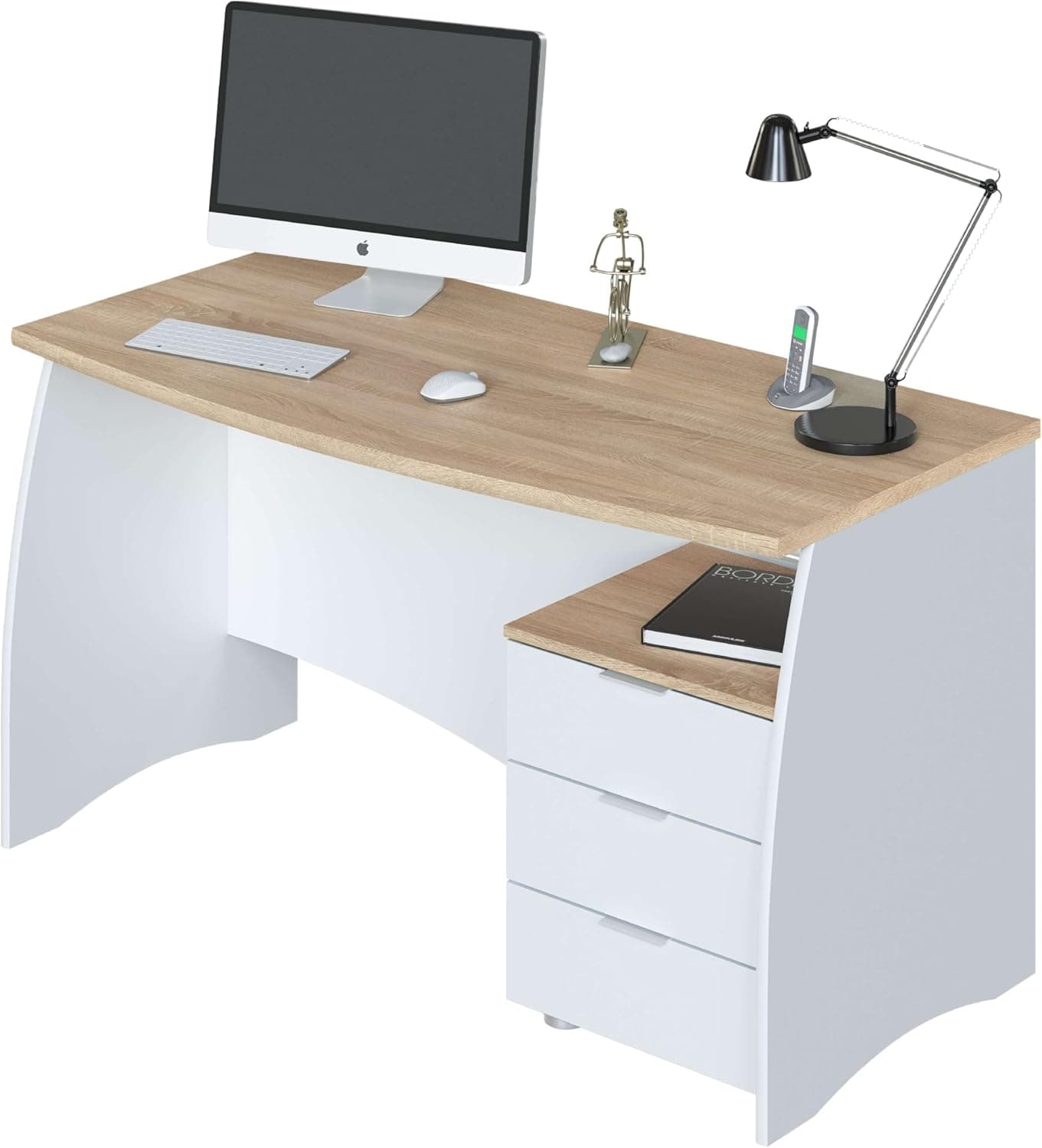 Habitdesign Mesa de Despacho con 3 Cajones, Mesa de Oficina o Estudio, Modelo Stil, Acabado en Balnco Artik y Roble Canadian, Medidas: 136 cm (Ancho) x 67 cm (Fondo) x 74 cm (Alto)