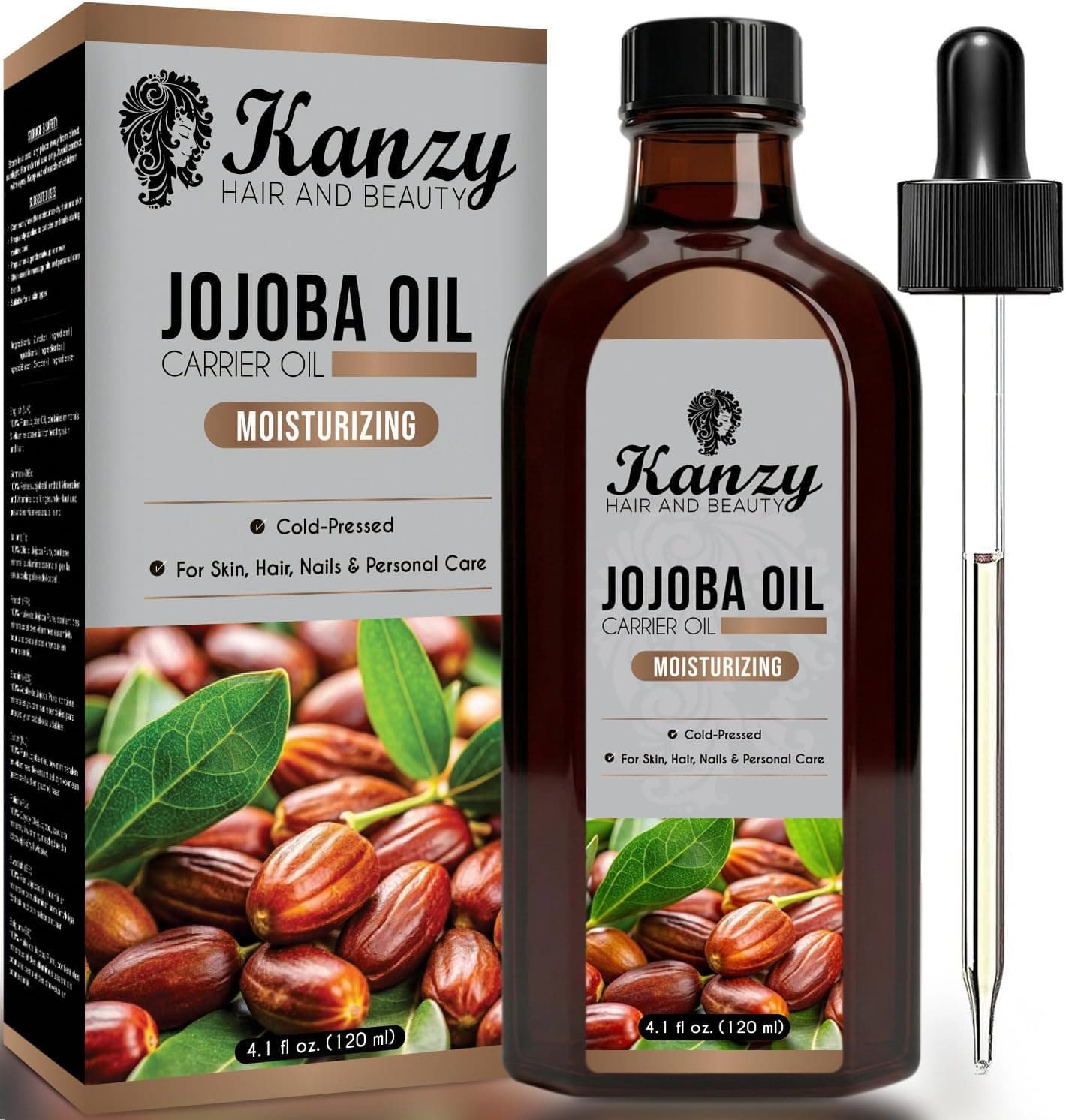 Kanzy Aceite de Jojoba 120ml Prensado en Frio Vegano Hidratante para Cabello, Cara, Cuticulas, Cuerpo y Uñas Jojoba Oil Sin Hexano