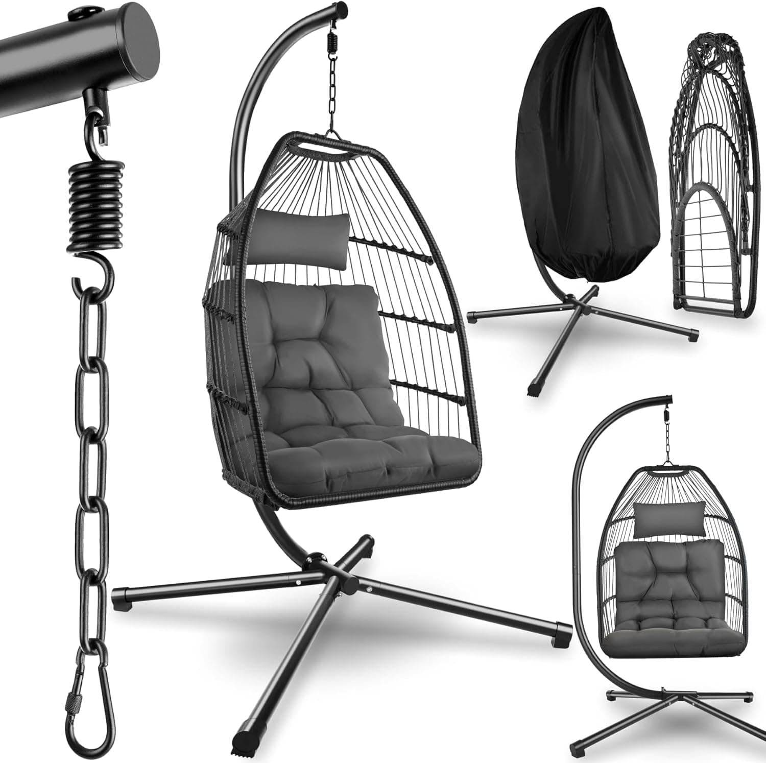 tectake® Columpio Jardín Exterior, Silla Colgante con Cojín Extragrueso, Sillón Balancín con Estructura de Acero y 4 Pies en Base, Hamaca Colgante Interior/Exterior, Plegable, Capacidad 160Kg - Gris