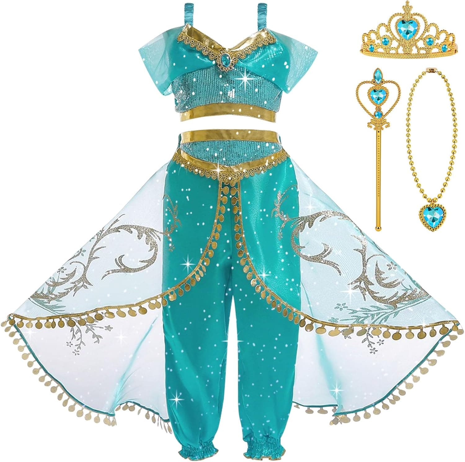 Disfraz de Princesa Jazmín para Niña, con Cetro y Corona, Ropa Niña Halloween Cosplay Cumpleaños Carnaval Fiestas Danza del Vientre