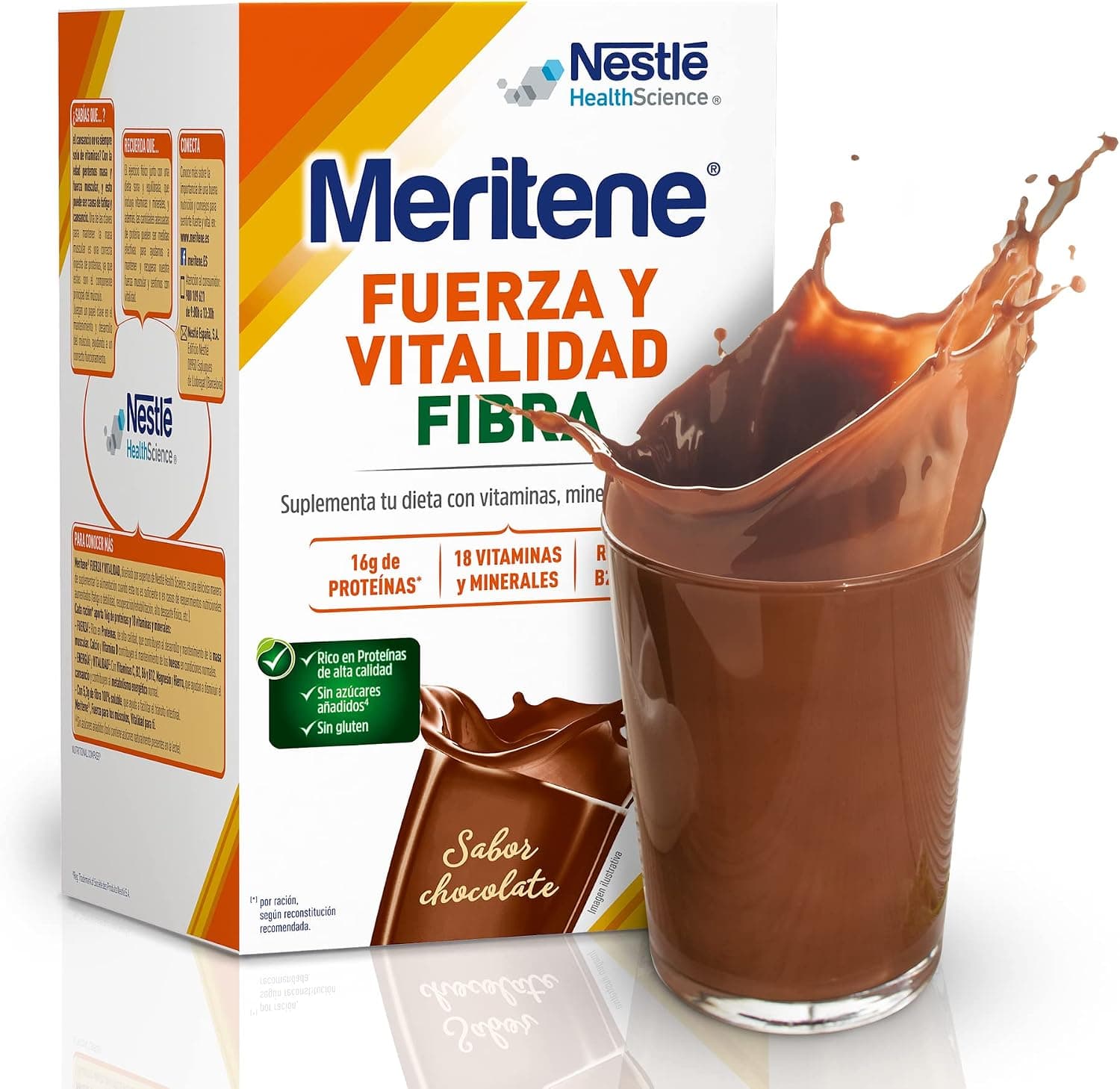 Meritene, Fuerza y Vitalidad Fibra, Sabor Chocolate, Fuerza para tus Músculos, Vitalidad para ti, Solución Nutricional Adultos con Fibra, Proteínas, Vitaminas y Minerales, 14 Sobres, 490 gr