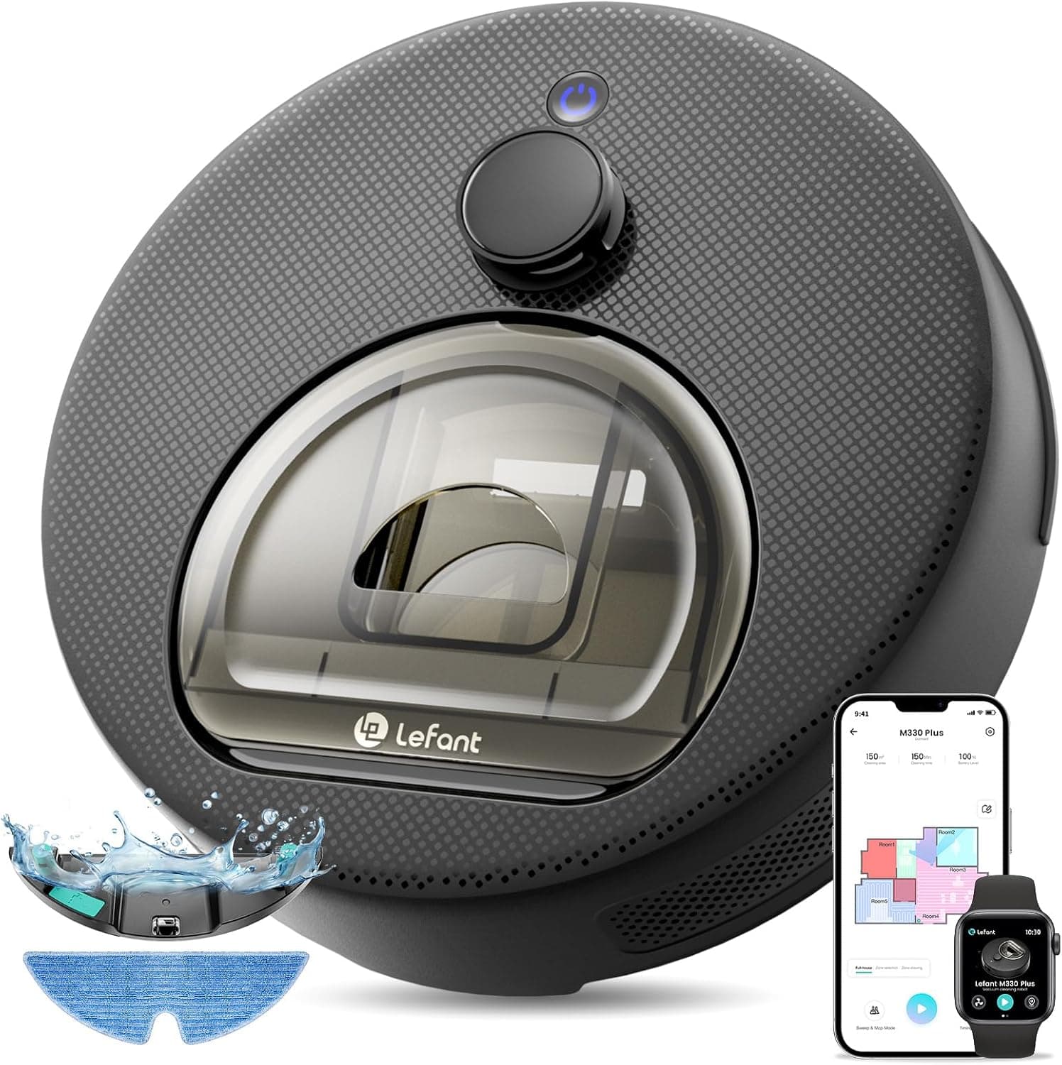 Lefant M330 Plus Robot Aspirador y Fregasuelos 3 en 1 con Navegación dToF, 5000 Pa de Potencia, 150 min de Autonomía, Anti-enredos para Mascotas, WiFi/App/Alexa, Negro
