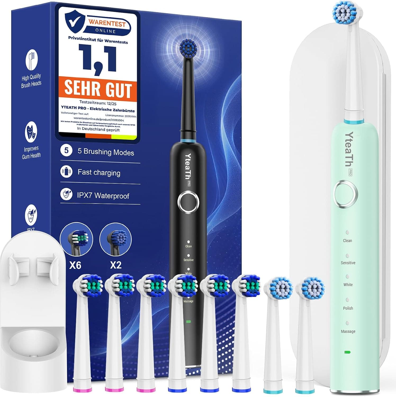 Cepillo de Dientes Eléctrico de Rotación Adultos con 8 Cabezales - Cepillo Electrico con Estuche de Viaje, 5 Modos, IPX7 Impermeable, Cepillo Dientes Electrico Viaje Recargable, Verde Claro