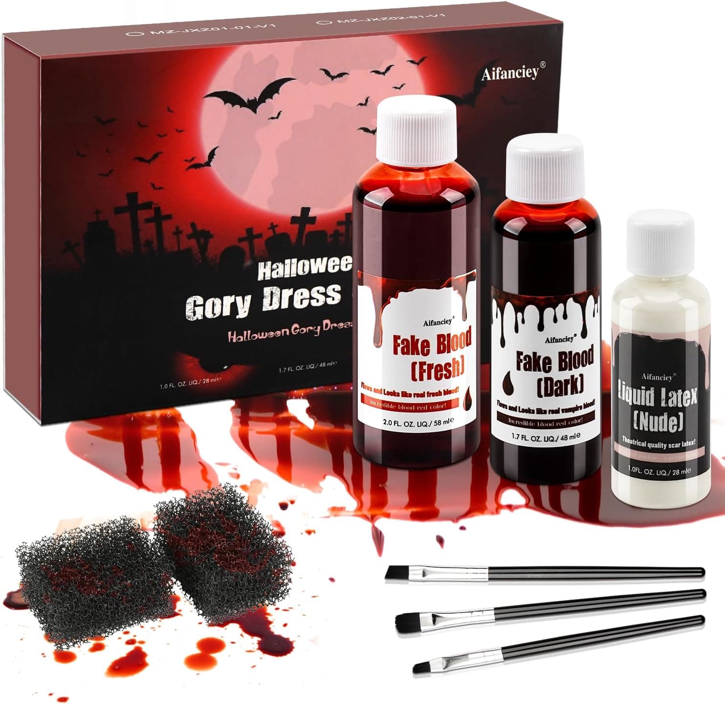 Sangre Falsa Halloween, 58 ml Sangre Fresca Falsa, Sangre Teatro Rojo Oscuro de 48 ml, látex líquido de 28 ml, brocha de Maquillaje y Esponja, Lavable para Halloween Cicatriz Herida Vampiro