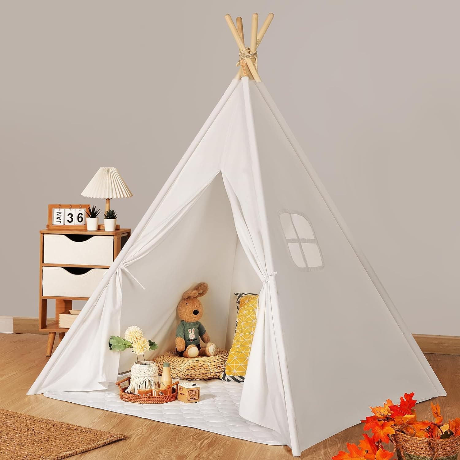 Wilwolfer Tienda Tipi Infantil de algodón con Alfombra, banderines y Bolsa de Transporte, Tienda de Juego Plegable para niñas y niños (Blanco Natural)