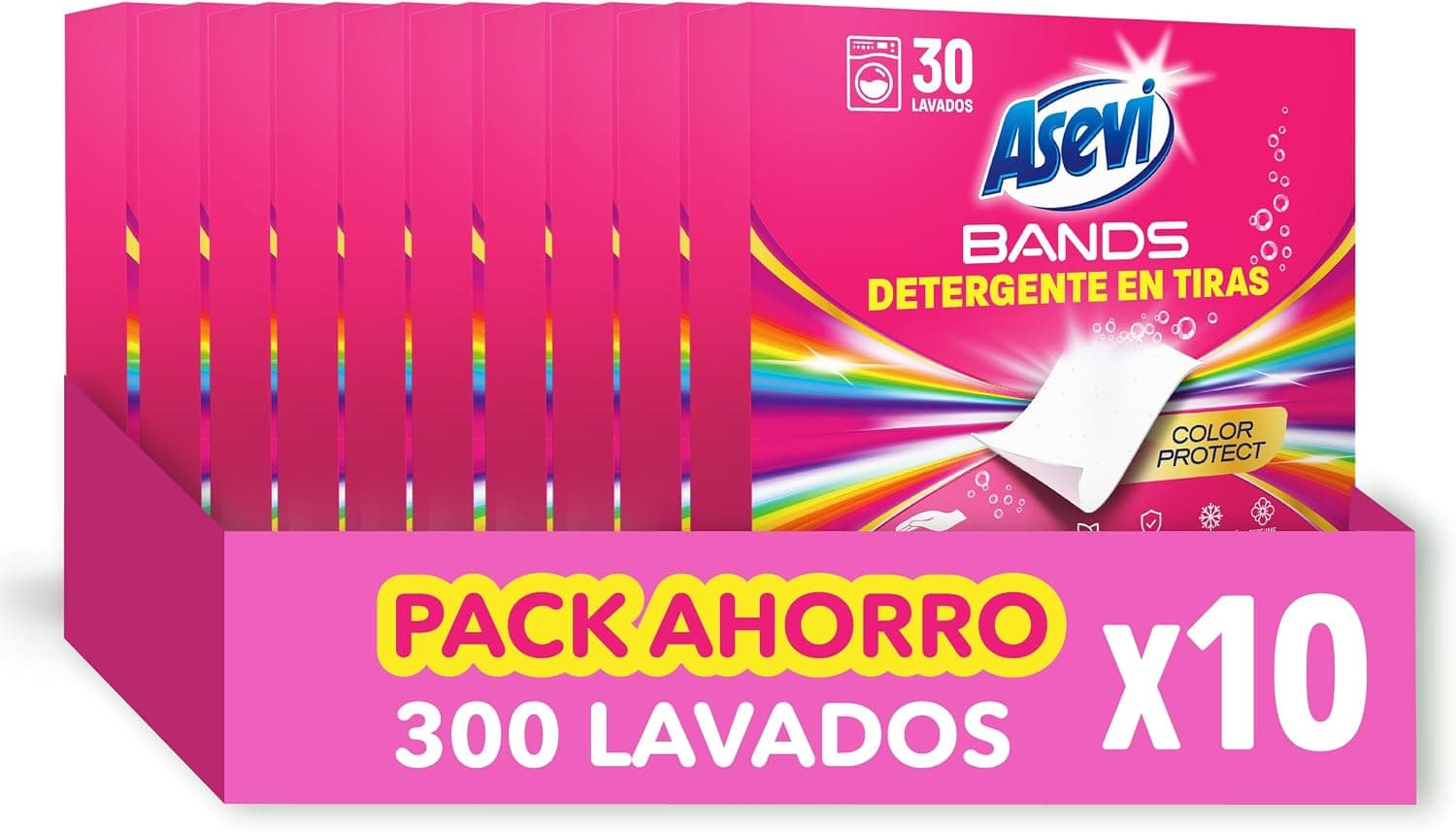 Asevi Bands Detergente en Tiras para Lavadora Color Protect - Detergente Concentrado Hipoalergénico para Ropa Blanca y de Color - Protege los Colores y Deja la Ropa Limpia y Perfumada- 10 x 30 Lavados