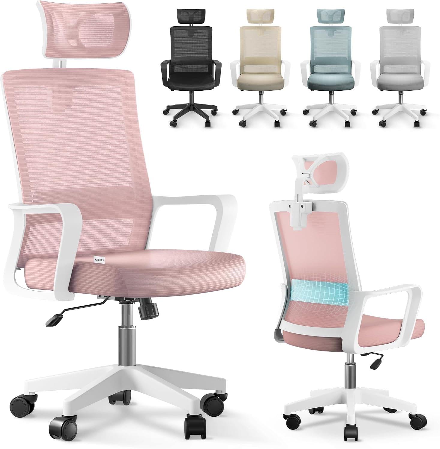 JUPPLIES Silla Escritorio Ergonomica - Silla Oficina Ajustable y Reclinable con Soporte Lumbar, Reposacabezas Ajustable, Malla Transpirable, Ruedas Giratorias 360° Soporta hasta 120kg (Rosa)