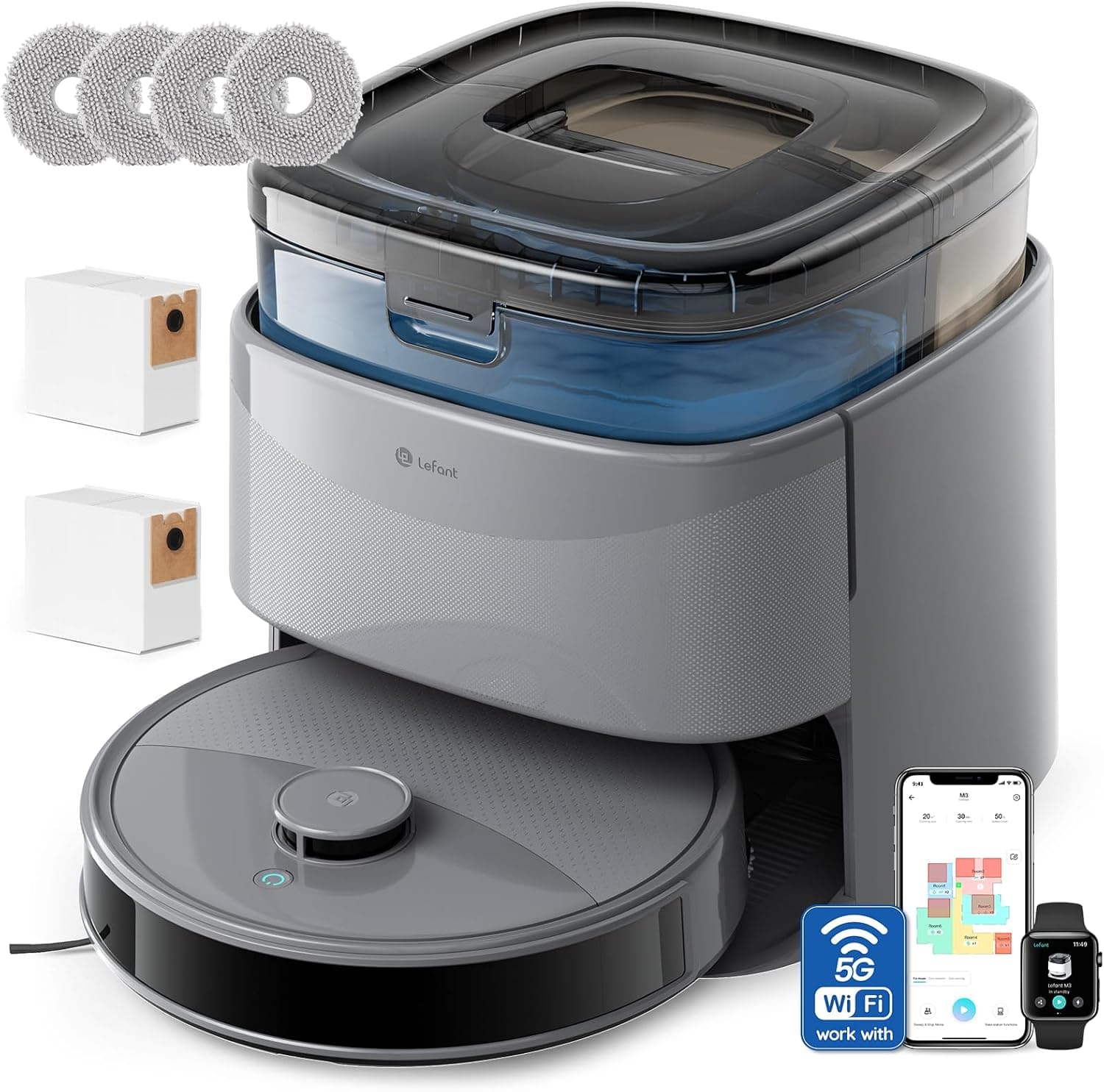 Lefant M3 MAX Robot Aspirador y Fregasuelos con Base de Autovaciado, Todo-en-Uno 20000 Pa, Autonomía 210 mins, Auto-Vaciado 3,2L, Auto-Lavado/Secado Mopa, Mopas Elevables, WiFi/Alexa/i Watch/App