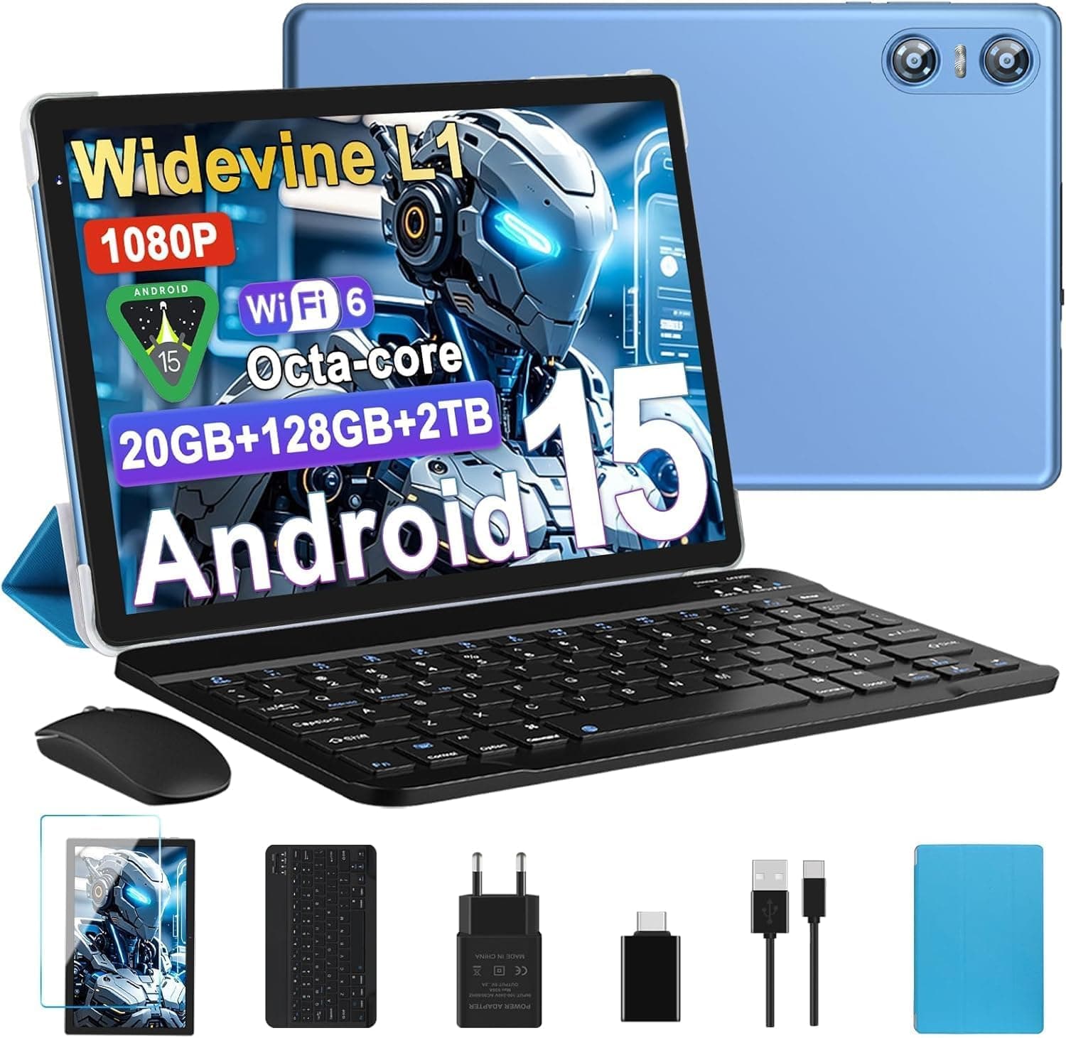 Tablet Android 15 Tablet 10 Pulgadas Gemini AI, 20GB RAM + 128GB ROM (TF 2TB), Octa-Core, Widevine L1, GMS, 5 + 8 MP, 1280 * 800 Pixels, 6000mAh, Bluetooth 5.0, Tablet con Teclado y Raton Azul