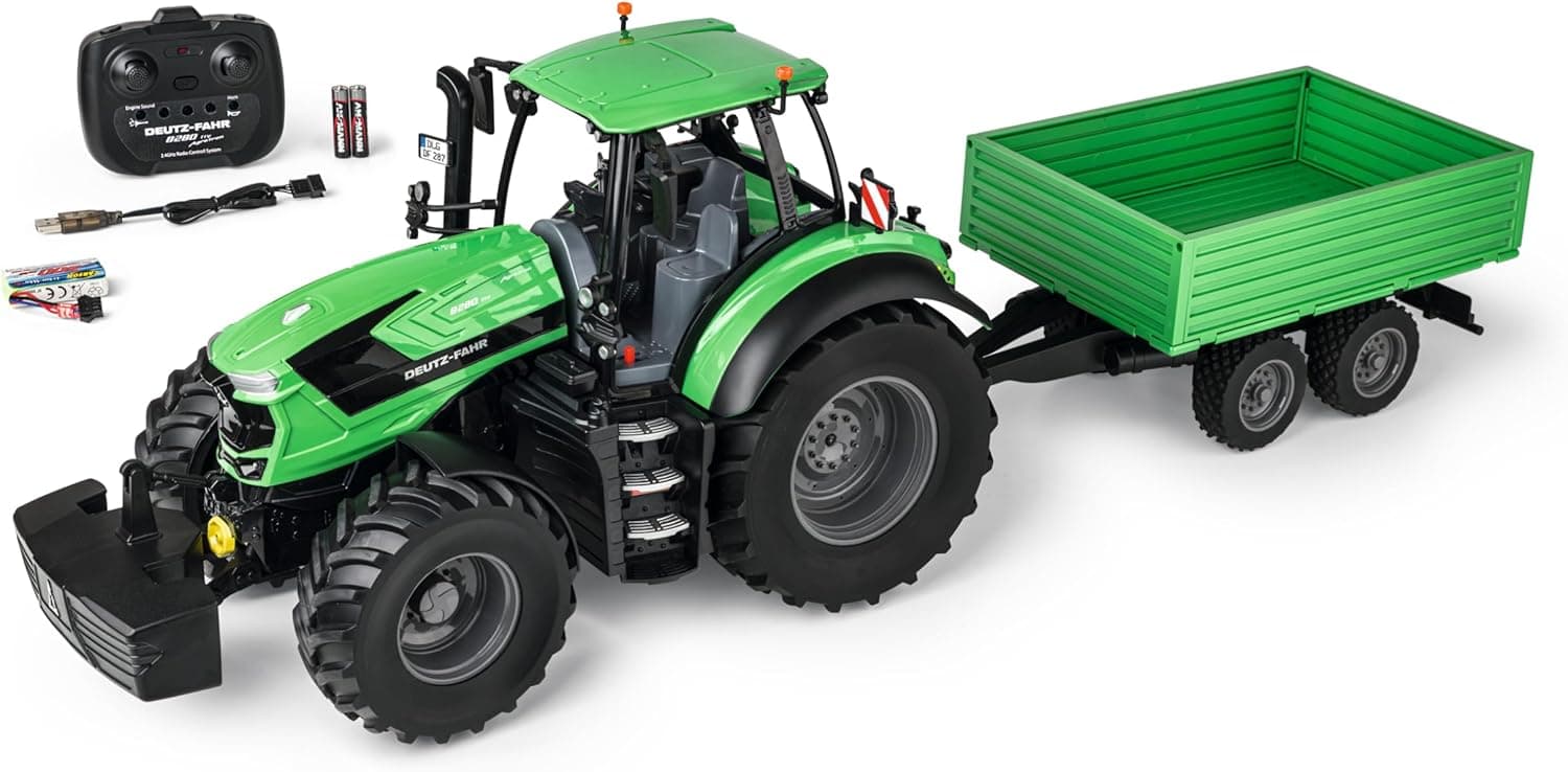 Carson 1:16 Tractor Deutz 8280 TTV con Remolque 100% RTR - Tractor RC, vehículo teledirigido con luz y Sonido, Incluye Pilas y Mando a Distancia, Bulldog teledirigido