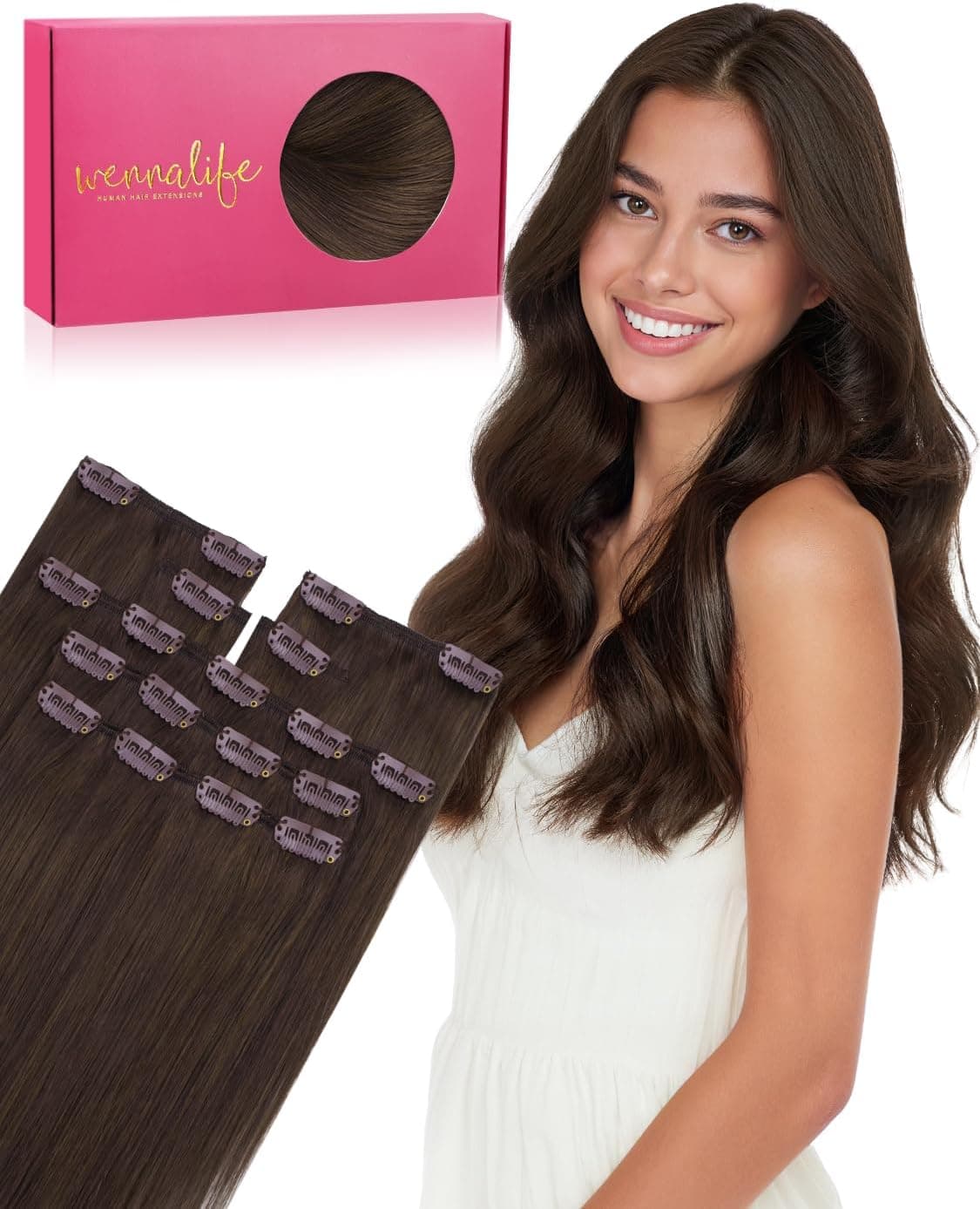 WENNALIFE Extensiones con clip de pelo real, extensiones de pelo natural en Remy, extensiones de pelo natural, 50 g, 7 unidades de 20 cm, #4 marrón oscuro claro