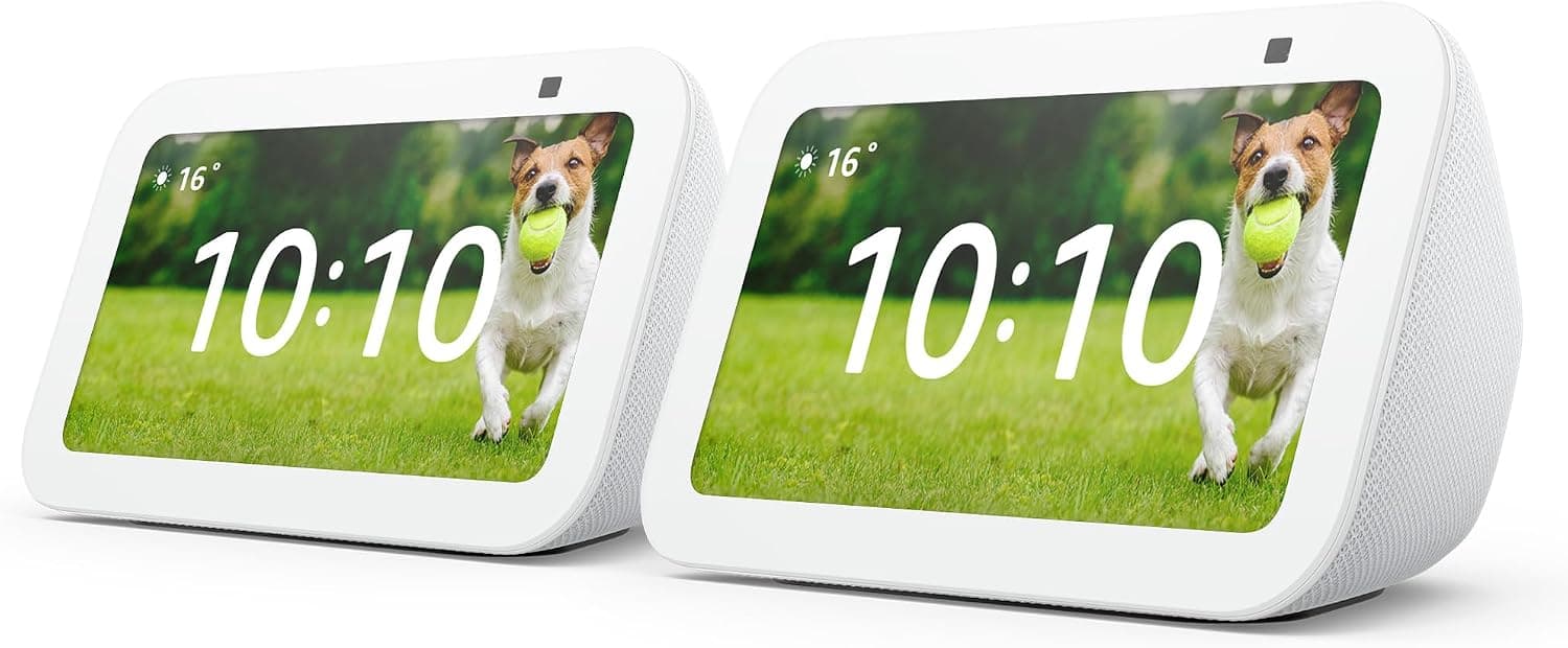 Echo Show 5 (Última generación) | Pantalla táctil inteligente diseñada para controlar tus dispositivos de Hogar digital y más | Blanco, con Acceso Anticipado a Alexa+ (Paquete de 2)