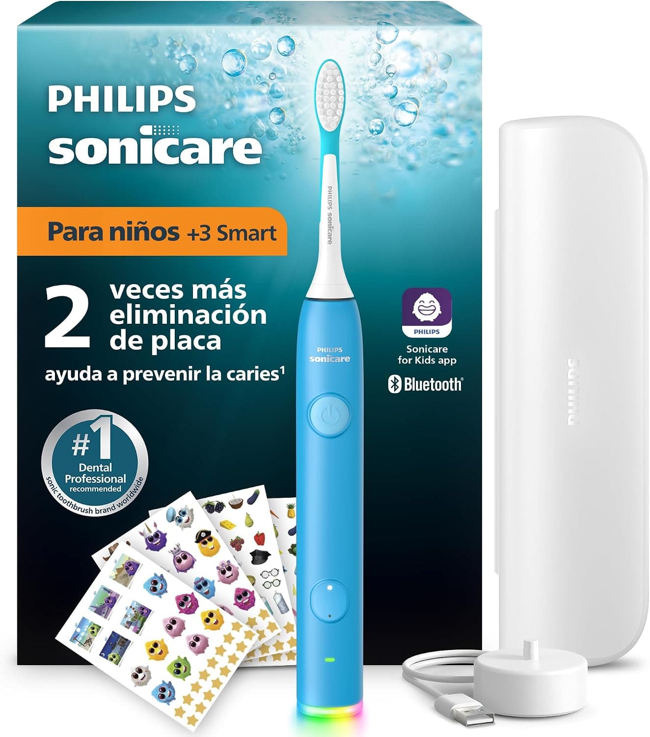 Philips Sonicare for Kids Cepillo eléctrico para niños - Cepillo de dientes sónico para niños a partir de 3 años, 2 modos suaves, temporizador de 2 minutos, 2 cabezales mini, azul, modelo HX6600/52