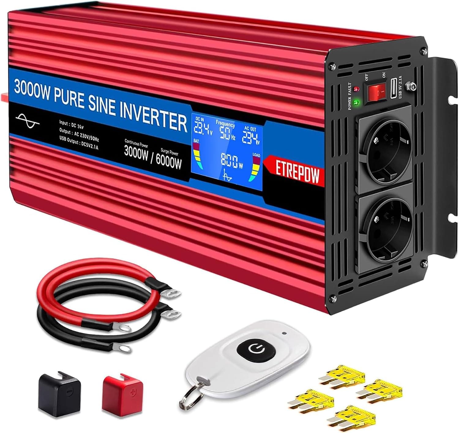 Inversor 24V 220V Onda Pura 3000W con LCD y Remoto para Camper