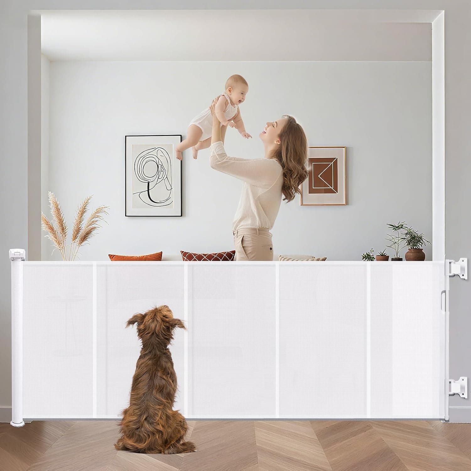 Barrera De Seguridad Retráctil para Niños y Perros, Apta para Uso En Interiores y Exteriores(blanco-300cm)
