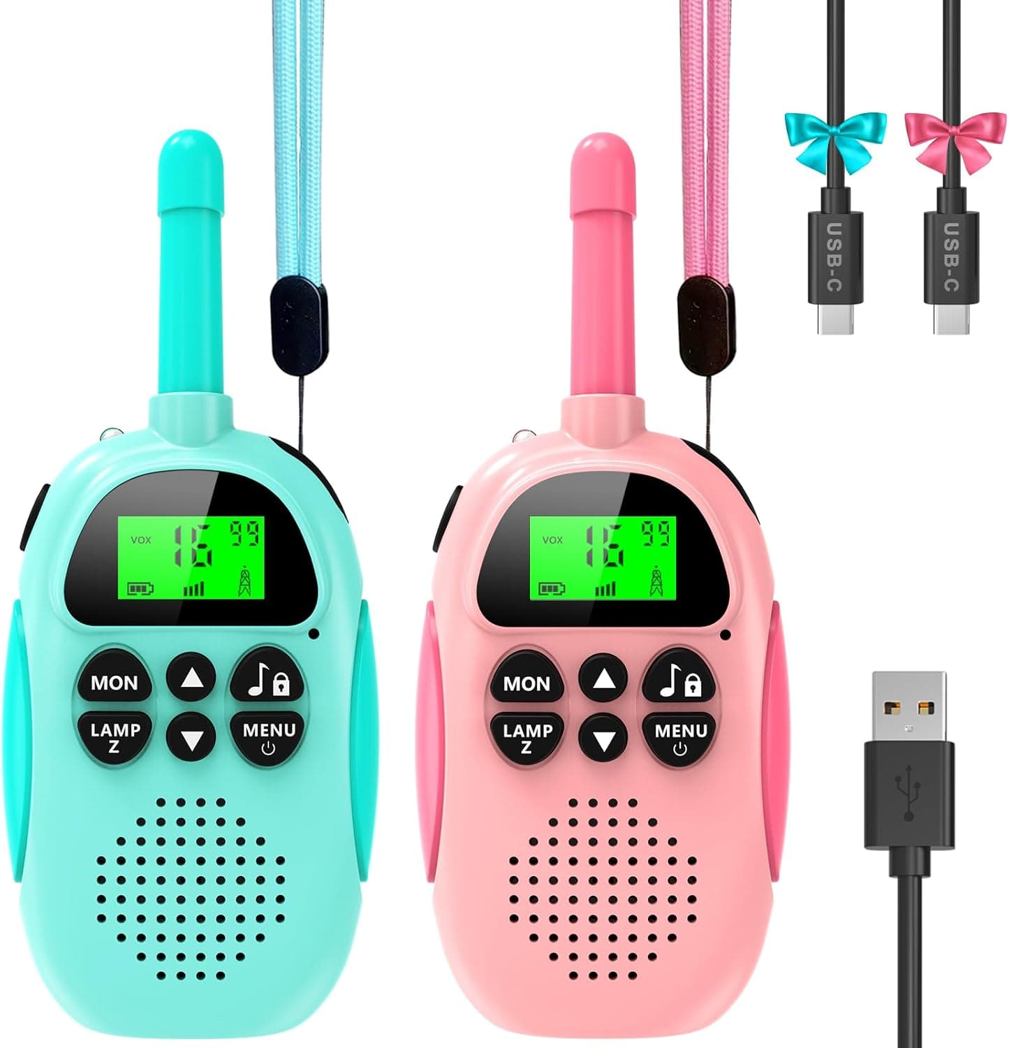Ushining Walkie Talkie para Niños, Walkie Talkie Recargable con Radio de 2 vías 16 Canales Función VOX 10 Tonos de Llamada LCD Retroiluminado Linterna, Regalo para Niños y Niñas