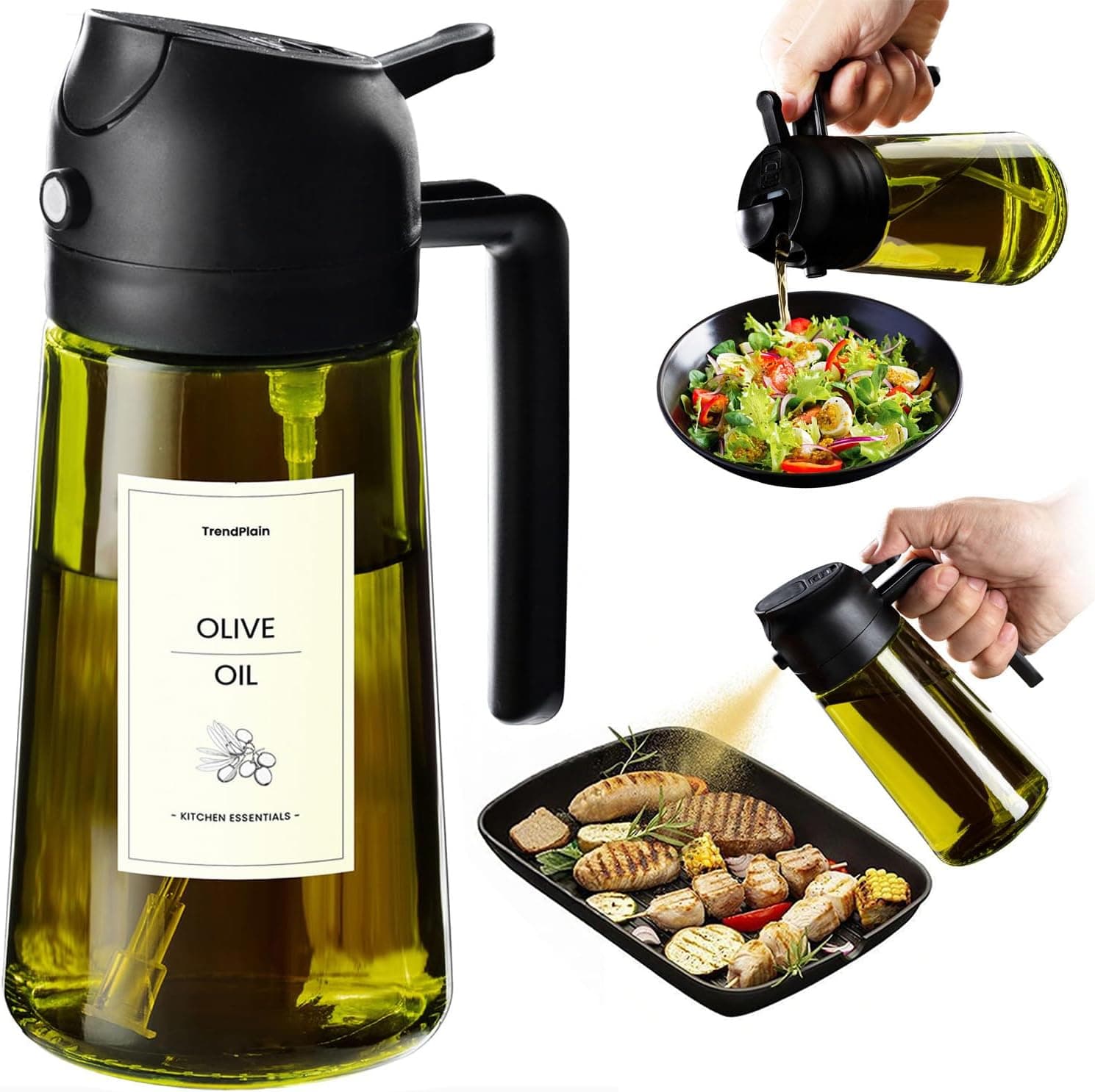 TrendPlain Pulverizador Aceite Spray 470ml - 2 en 1 Spray Aceite Cocina, Dispensadora para Freidora de Aire, Ensaladas, Vinagre y Accesorios Cocina (1 unidad, Negro-1)
