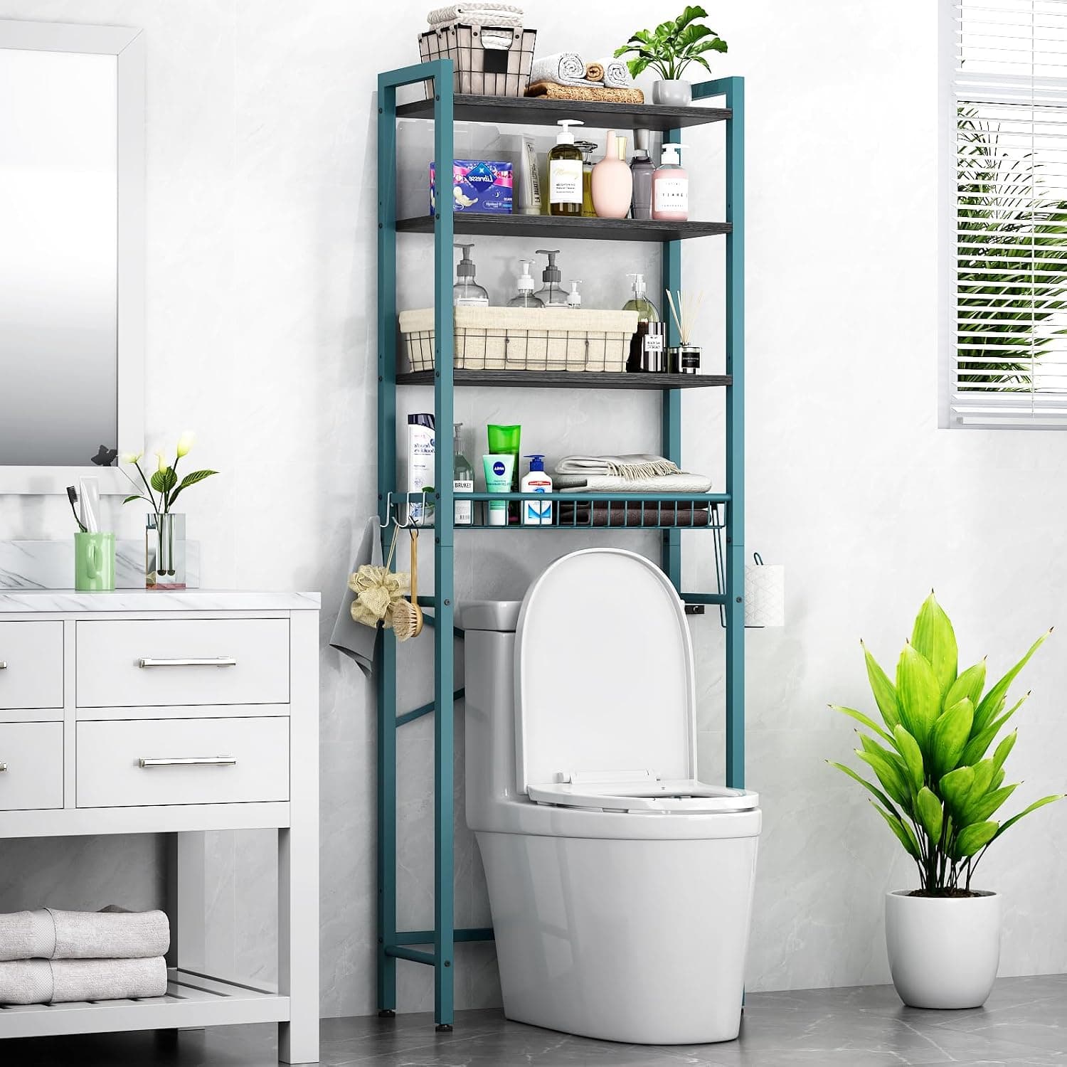 Kalrin Estante de Baño Multifuncional Ajustable de 4 Niveles, Estante sobre el Inodoro con Cestas, Ahorra Espacio y Fácil de Montar(Verde Pino)