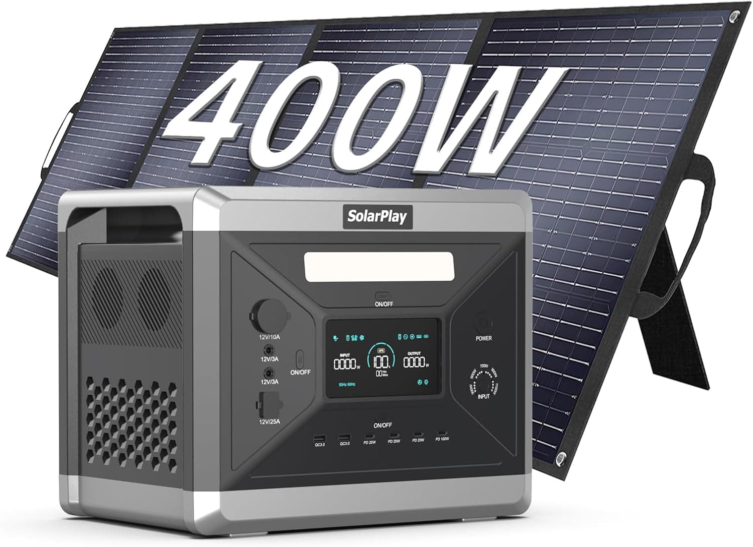 SolarPlay Q2501 Estación de Energía Portátil 2160 Wh, Batería LiFeP04 2400 W Incluir Paneles Solares de 400 W, Carga Completa Rápida 2h vía, Generador Solar para Exteriores, Camping, Emergencia