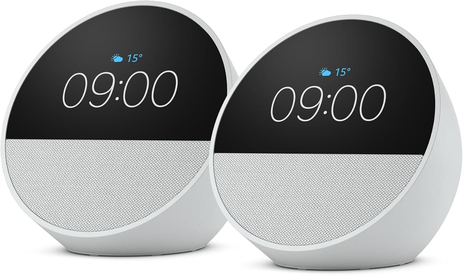 Amazon Echo Spot (última generación) | Despertador inteligente con sonido de calidad| Blanco, con Acceso Anticipado a Alexa+ (Paquete de 2)