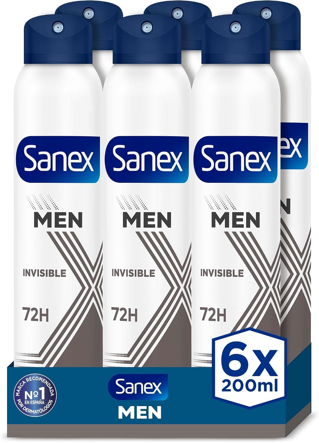 Sanex Men Invisible Antitranspirante Desodorante Spray Pack 6 x 200ml, 72 horas protección contra el sudor y el olor, Anti-manchas, Fórmula anti-irritación, Neutraliza el mal olor, 0% alcohol*