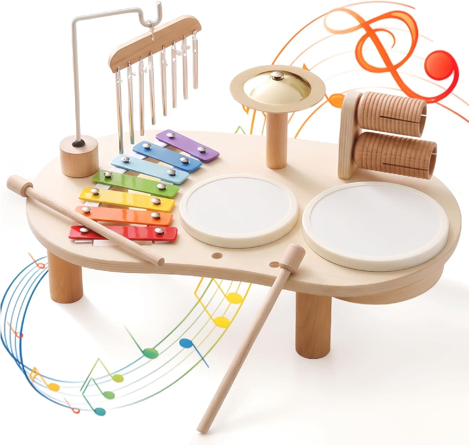 Instrumentos Musicales de Madera para Niños de 1 a 3 Años, Batería Montessori con Tambor, Xilófono y Percusión, Juguete Musical Educativo, Regalo para Niños y Niñas