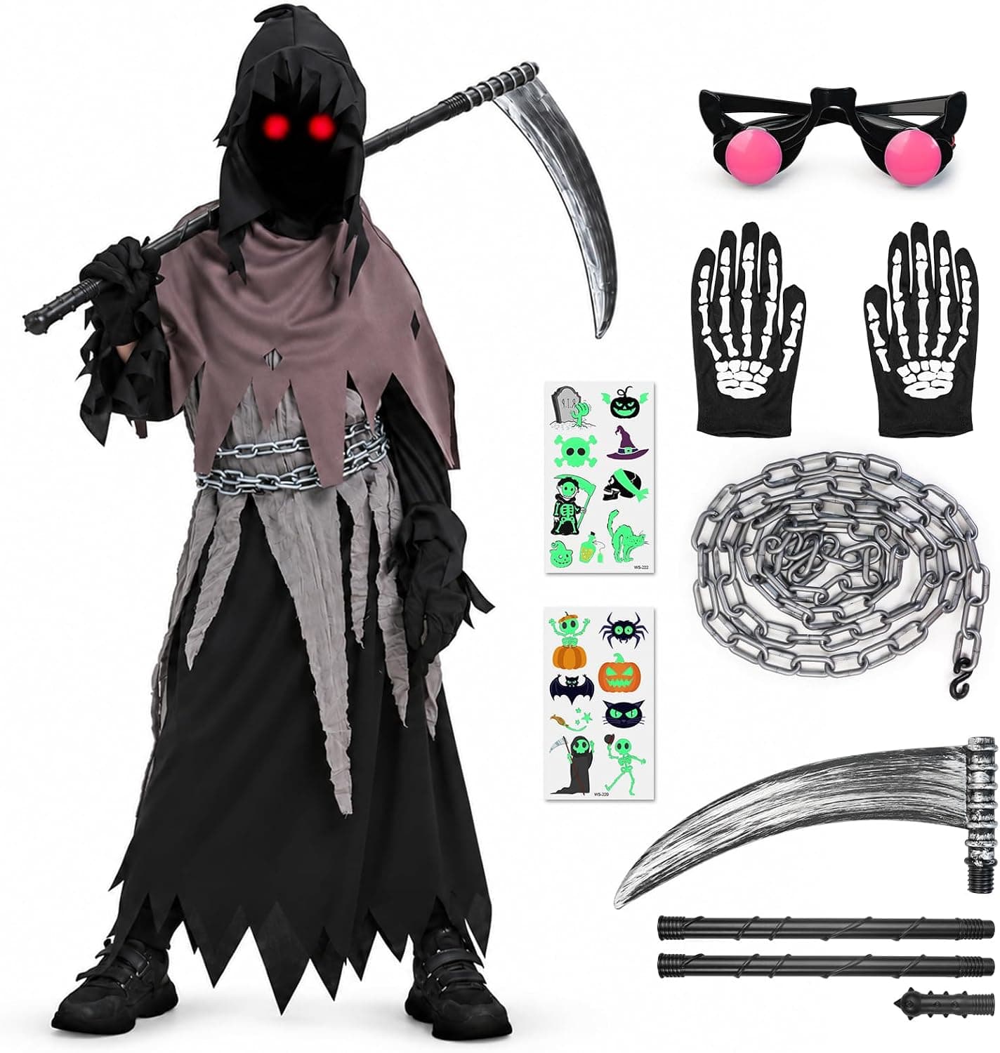 Disfraz Muerte Niño, Disfraz Halloween Niño con Guadaña, Gafas Iluminadas, Cadena Y Guantes- Disfraces Halloween Niños Grim Reaper