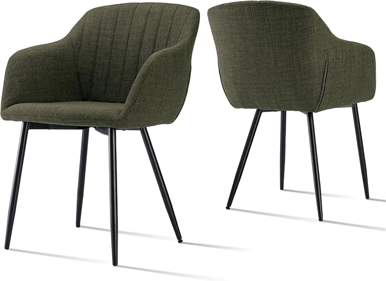 Pack de 2 Sillas de Comedor con Reposabrazos, Sillas Tapizadas de Lino con Patas Metálicas, Modernas Sillón para Salón y Cocina, Verde Oliva