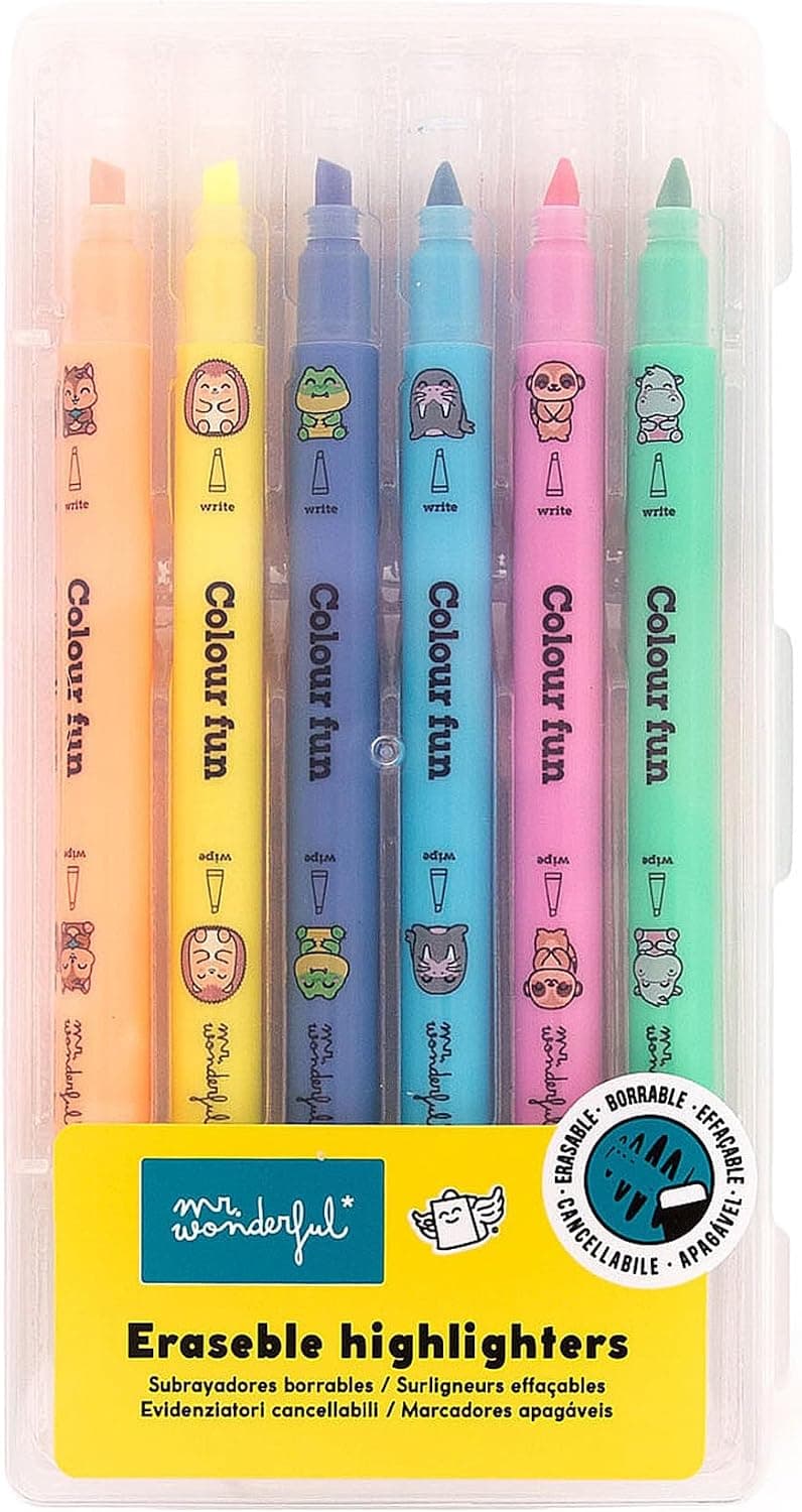 Mr. Wonderful Set de 6 Subrayadores Borrables Wonder Comic – Marcadores de Colores para Estudio y Agenda