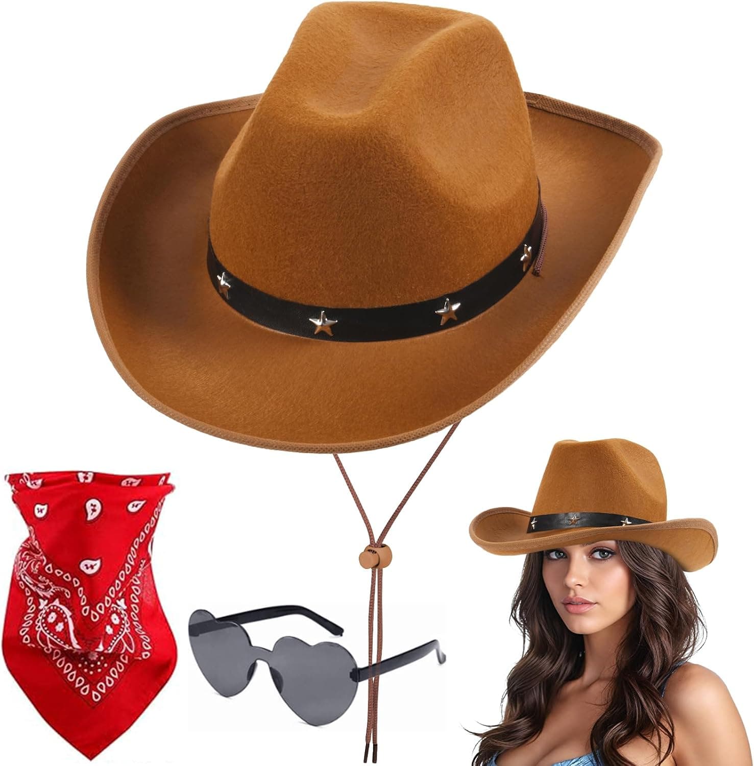 Aomig Sombrero Cowboy, 3PCS Vaquero, Bandana Gafas Amor