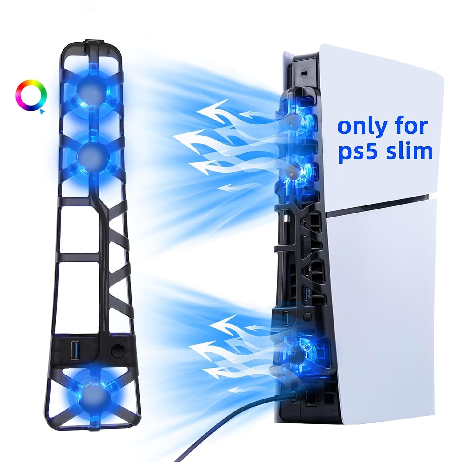 Mcbazel Ventilador de Refrigeración para PS5 Slim, Luz RGB y 3 Enfriadores, Disipación de Calor Rápida, Control de Temperatura/Enfriamiento Constante Compatible con Playstation 5 (No para PS5/Pro)