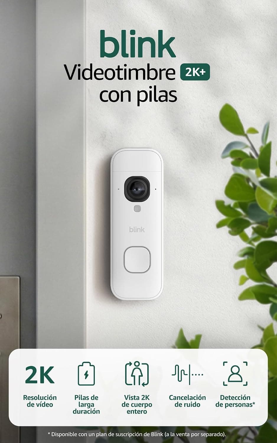 Blink Videotimbre 2K+ con pilas (últ. generación) | Vista de cuerpo entero | Audio mejorado | IP65 | Pilas de larga duración | Instalación sencilla | Módulo de sincronización no incluido (blanco)