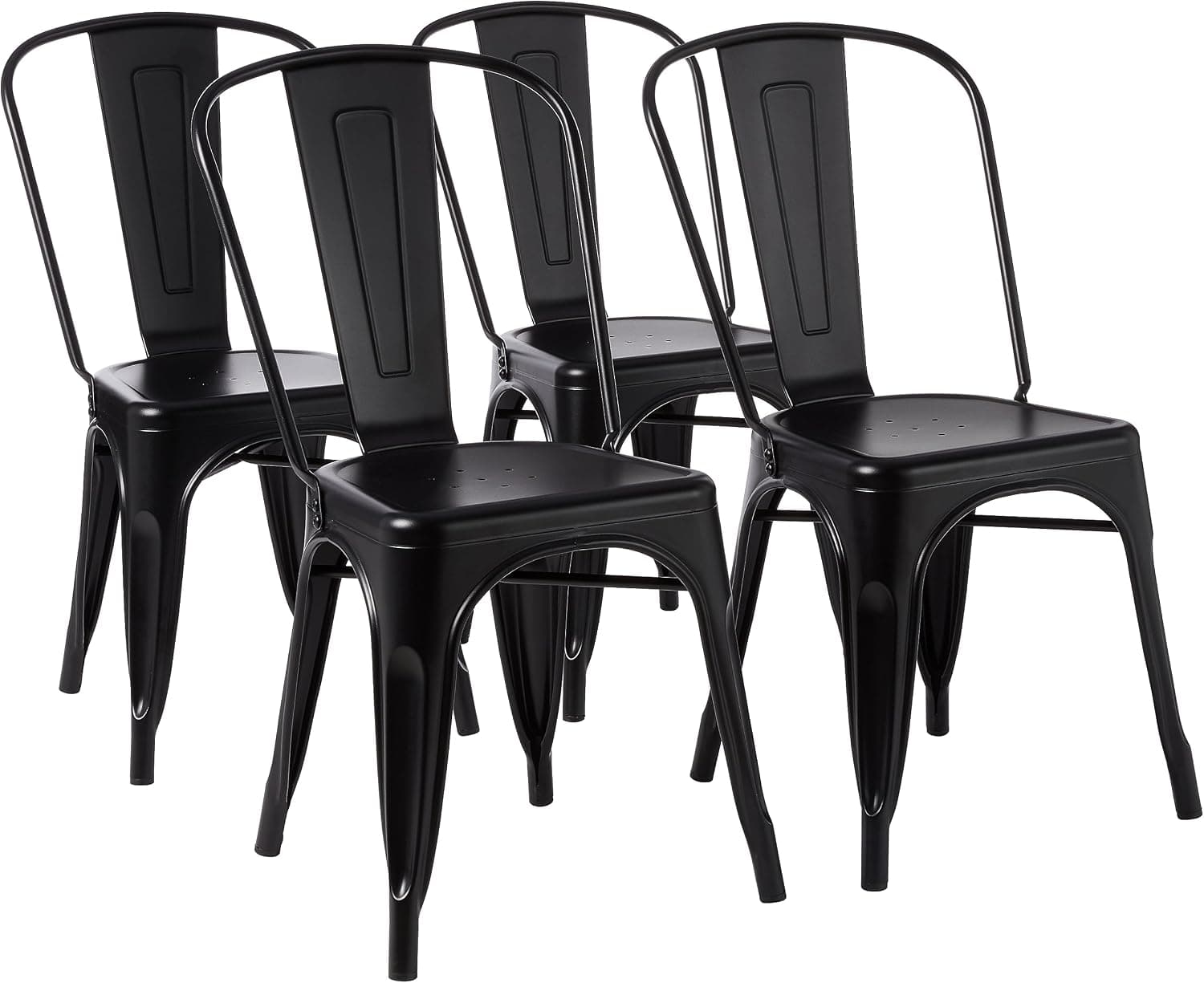 Amazon Basics Paquete de 4 sillas de comedor de metal apilables con respaldo para bistró, cocina, interior y exterior, Negro, 51 x 43 x 85 cm