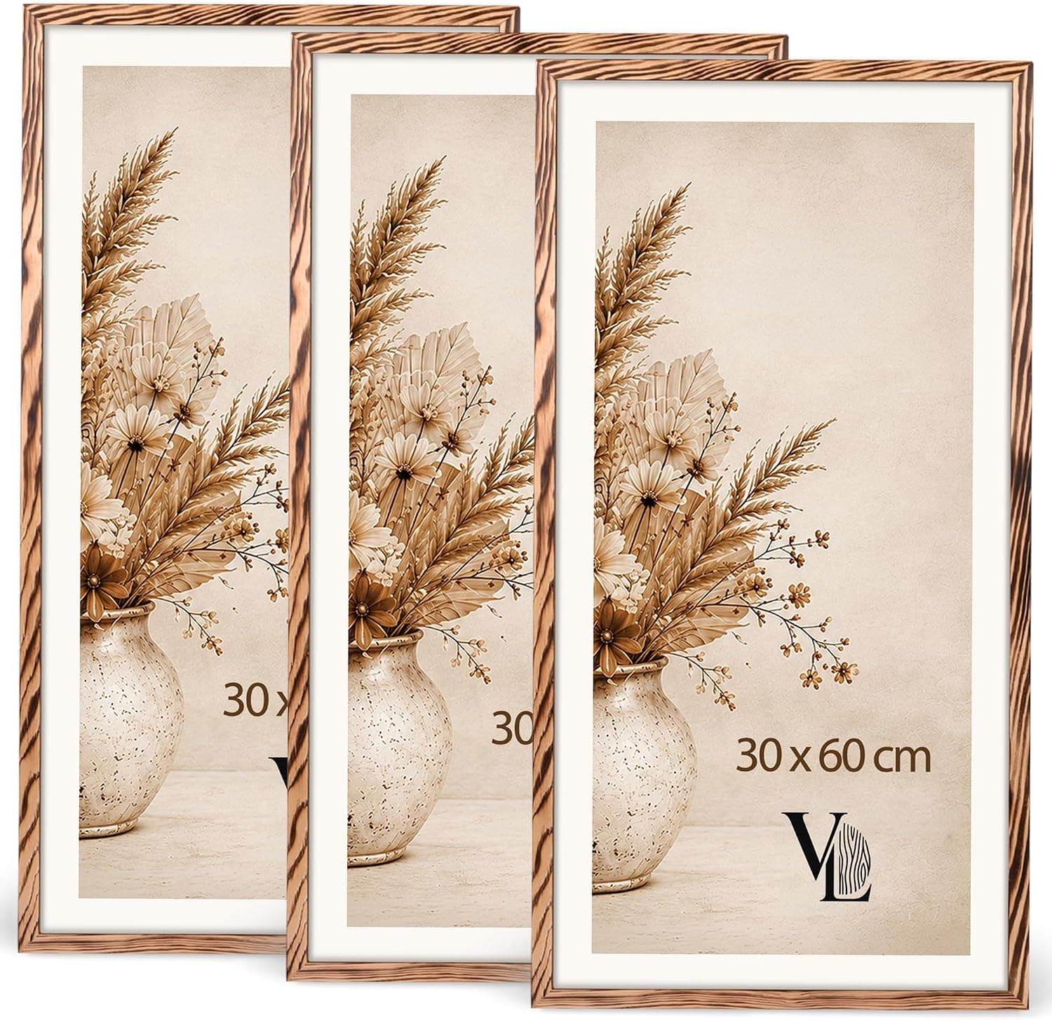 VELORA H&L Set de 3 Marcos de Fotos Madera Quemada 30 x 60 cm - Marcos de Madera con Metacrilato Transparente, Portafotos para Fotos, Pósteres, Láminas, Puzzles, Diplomas y Certificados