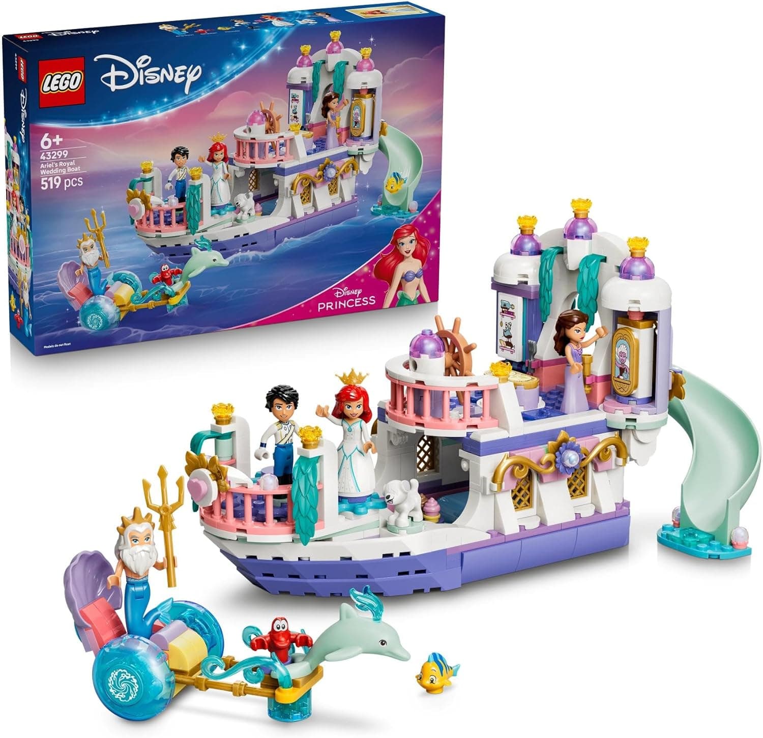 LEGO | Princesas Disney Barco de la Boda Real de Ariel – Juguete de La Sirenita con 7 Figuras Inc. Ariel y Sebastián – Decoración del Dormitorio – Regalo para Niñas de 6+ Años y Fans – 43299