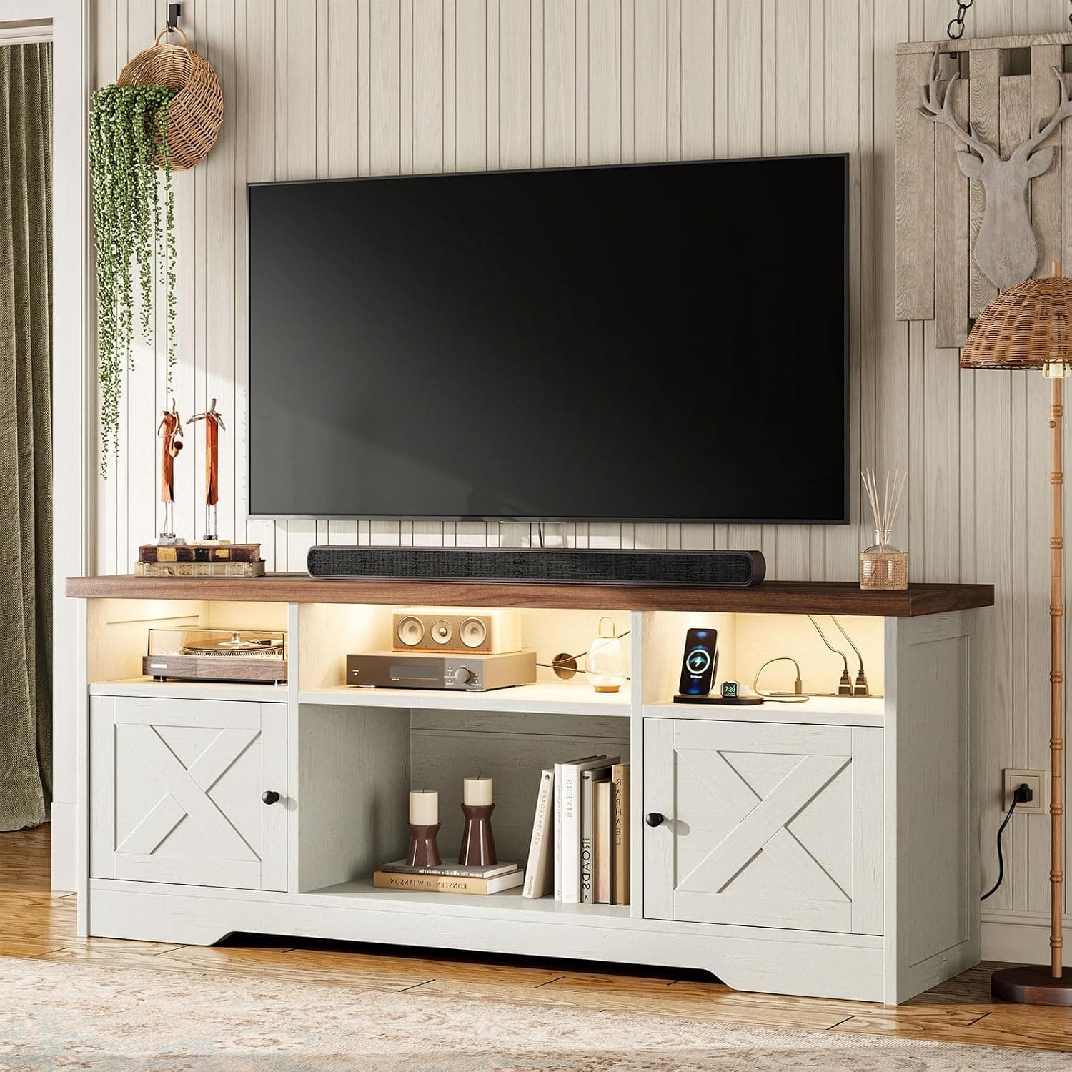 Coleshome Mueble TV Salon, Mesa TV con Enchufe y USB y LED