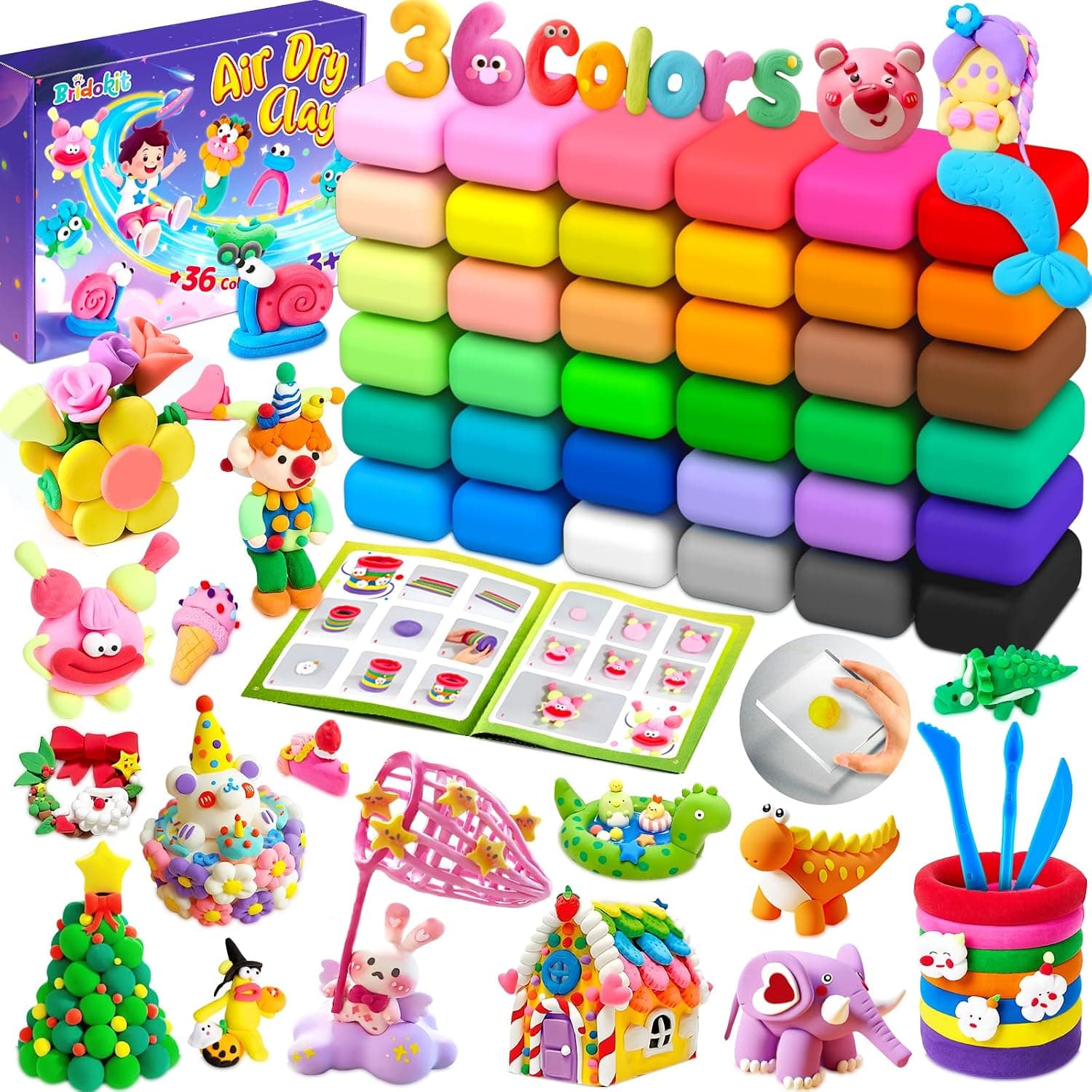 Arcilla Secado al Aire, Arcilla Polimerica Secado al Aire en 36 Colores con Placa de Presión, Herramientas de Modelado y Folleto, Regalo para Niñas de 3, 4, 5, 6, 7, 8, 9 y 10 Años