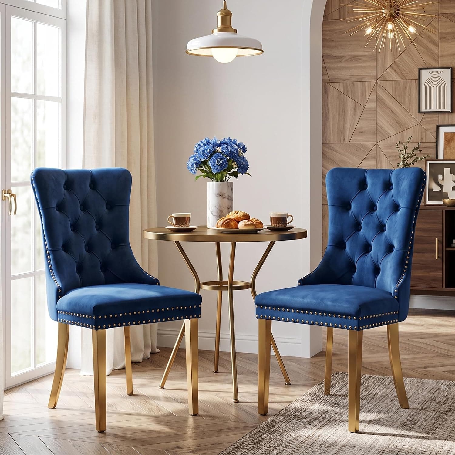 Sillas Comedor Terciopelo Azul, Patas Doradas, Juego 2