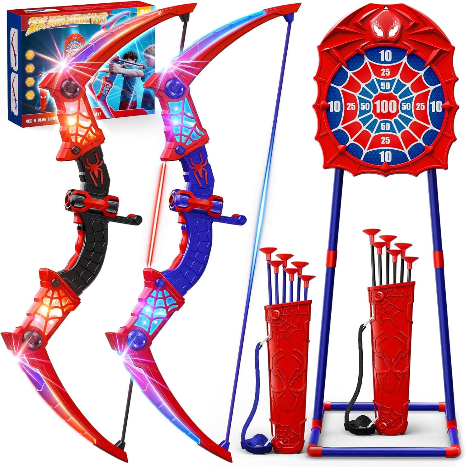 Kidluna Juguetes Niños 3 4 5 6 7 8 9 10 Años, 2 ArcoFlecha con Luces LED Rojas & Azules, 2 Carcaj, Diana Telaraña, Juegos Exterior Niños 3-10, Regalos Cumpleaños para Niños de 3-12 Años