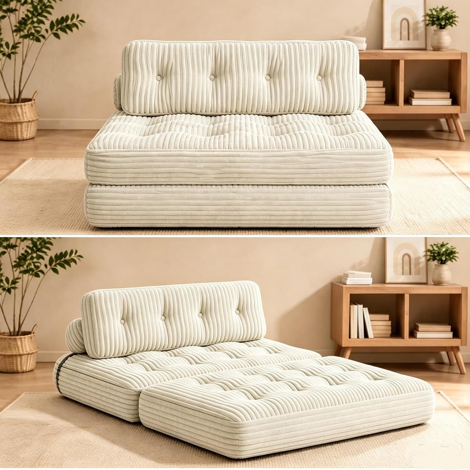 Xbro Sofá Cama Plegable 2 Plazas, Sofá Convertible en Cama Sin Montaje, para Huéspedes y Espacios Pequeños, Tela de Pana con Relleno de Espuma, 180×130 cm (Blanco)