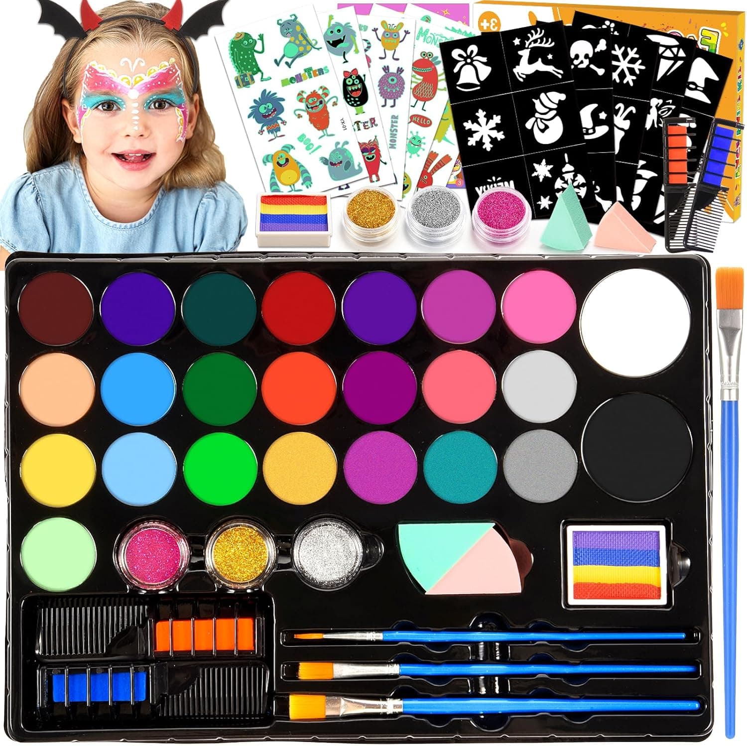 Pinturas Cara para Niños, 28 Colores Pintacaras Infantil con 30 Tatuajes Plantillas Diadema de Monstruo, Hipoalergénica Maquillaje Carnaval Halloween Pascua Regalo 3-10 Años