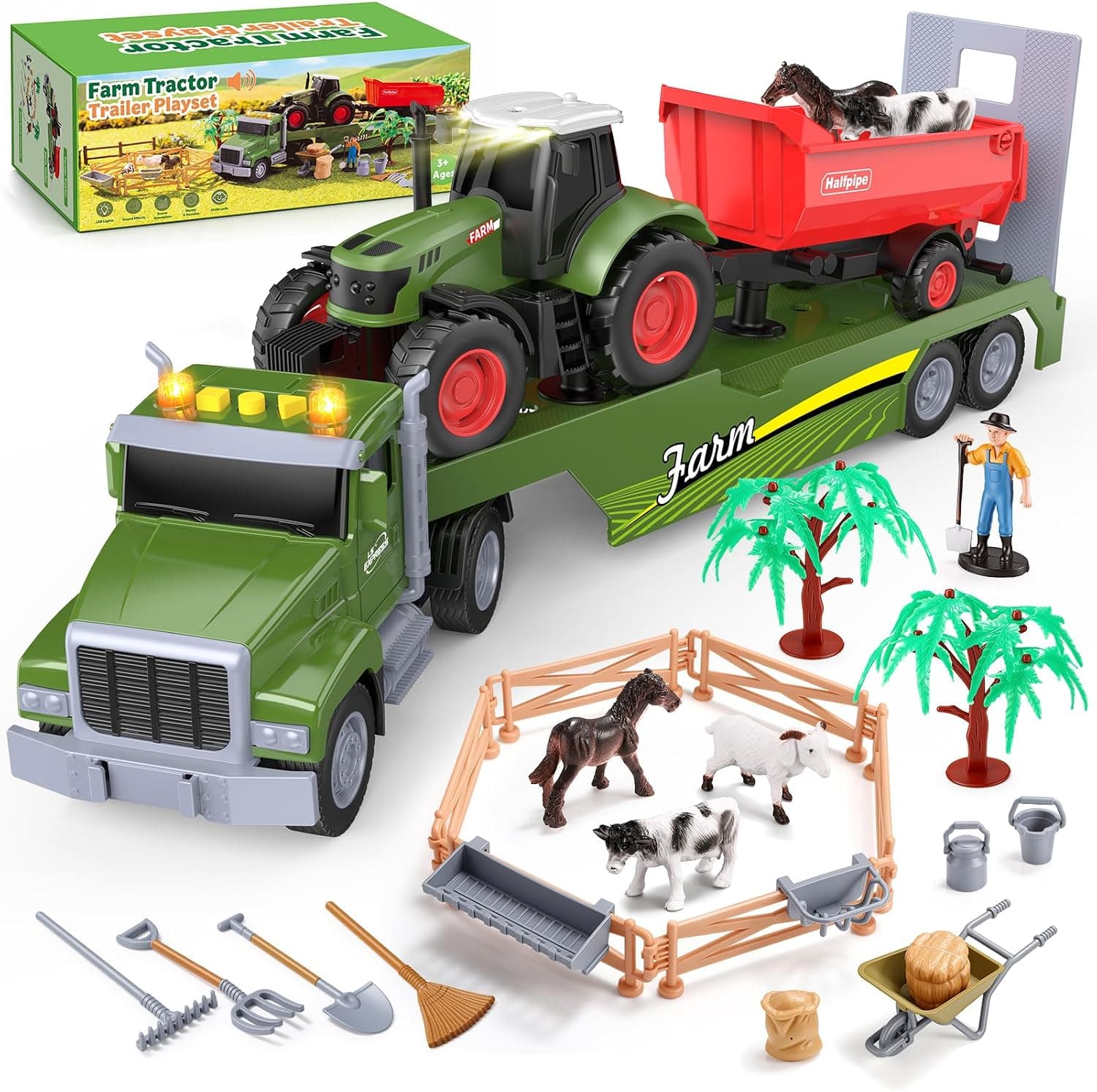 Gralal Granja Tractor y Remolque de Juguete, Completo Set de Granja con Animales y Accesorios, Regalo para Niños y Niñas de 3 a 10 Años | Luces y Sonidos, Juego de Granja Realista