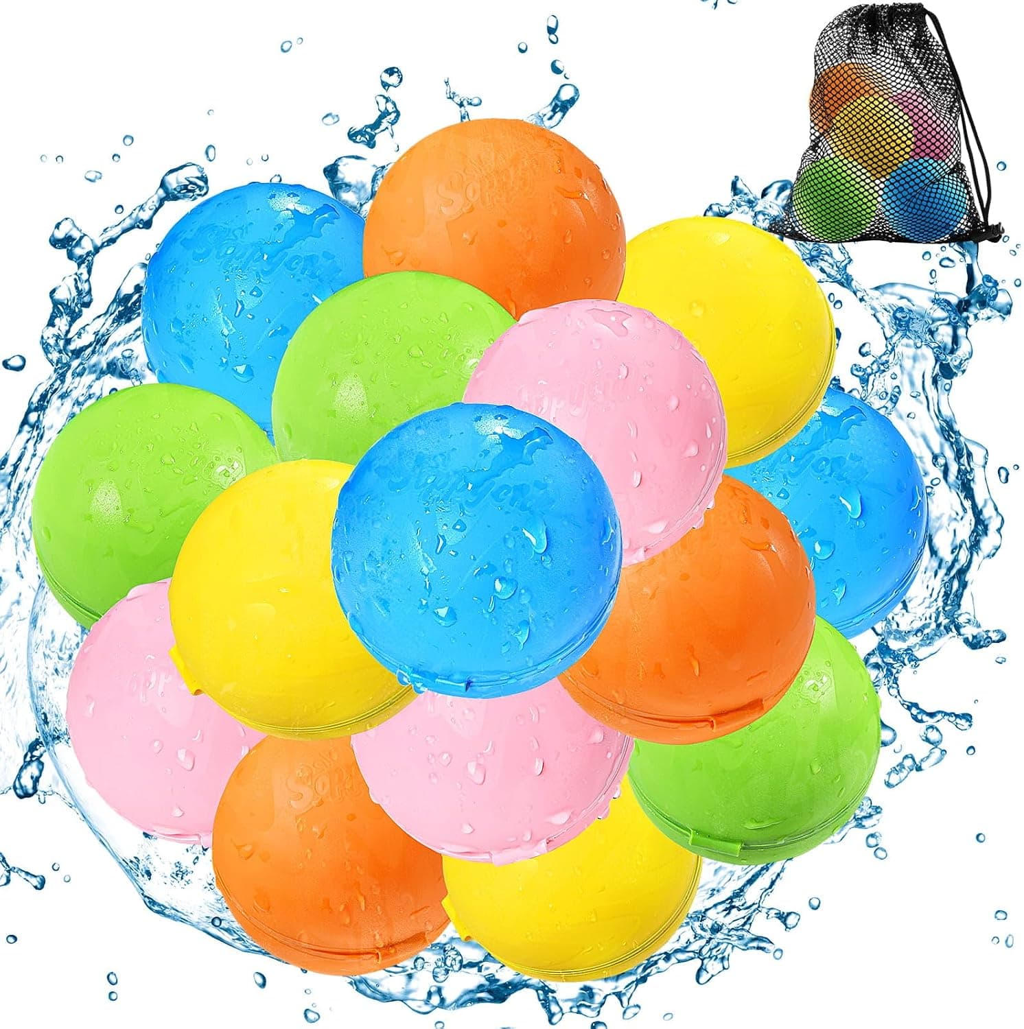Globos de Agua Reutilizables, 15 Piezas Bolas de Agua Recargables Autosellante de Llenado Rápido para Niños y Adultos, Juguetes de Verano Aptos para Exteriores, Piscina, Playa y Fiestas Acuáticas